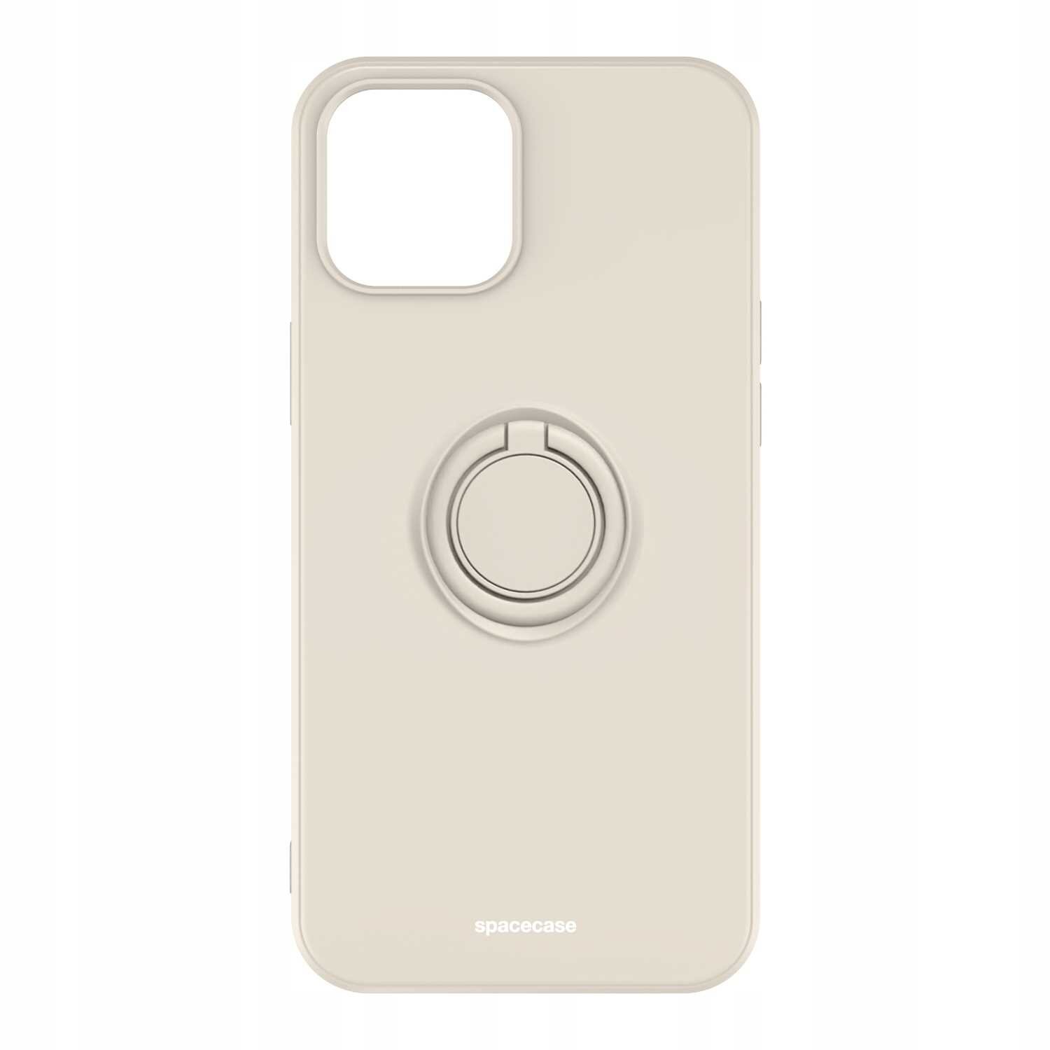 Beżowe silikonowe etui z pierścieniem na tylnej stronie, przeznaczone do iPhone 12 Pro Max. Na dole widoczny jest napis \'spacecase\'.