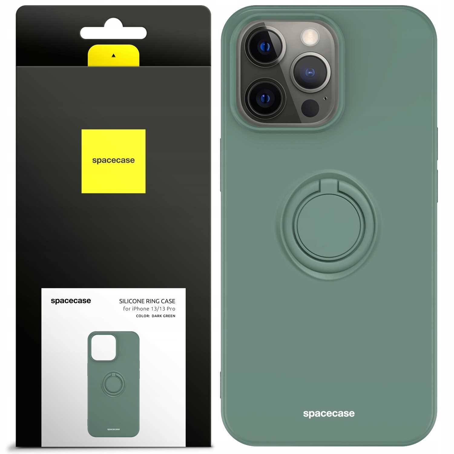 Zielone silikonowe etui z pierścieniem na iPhone 13 Pro, obok opakowanie z logo \'spacecase\'.