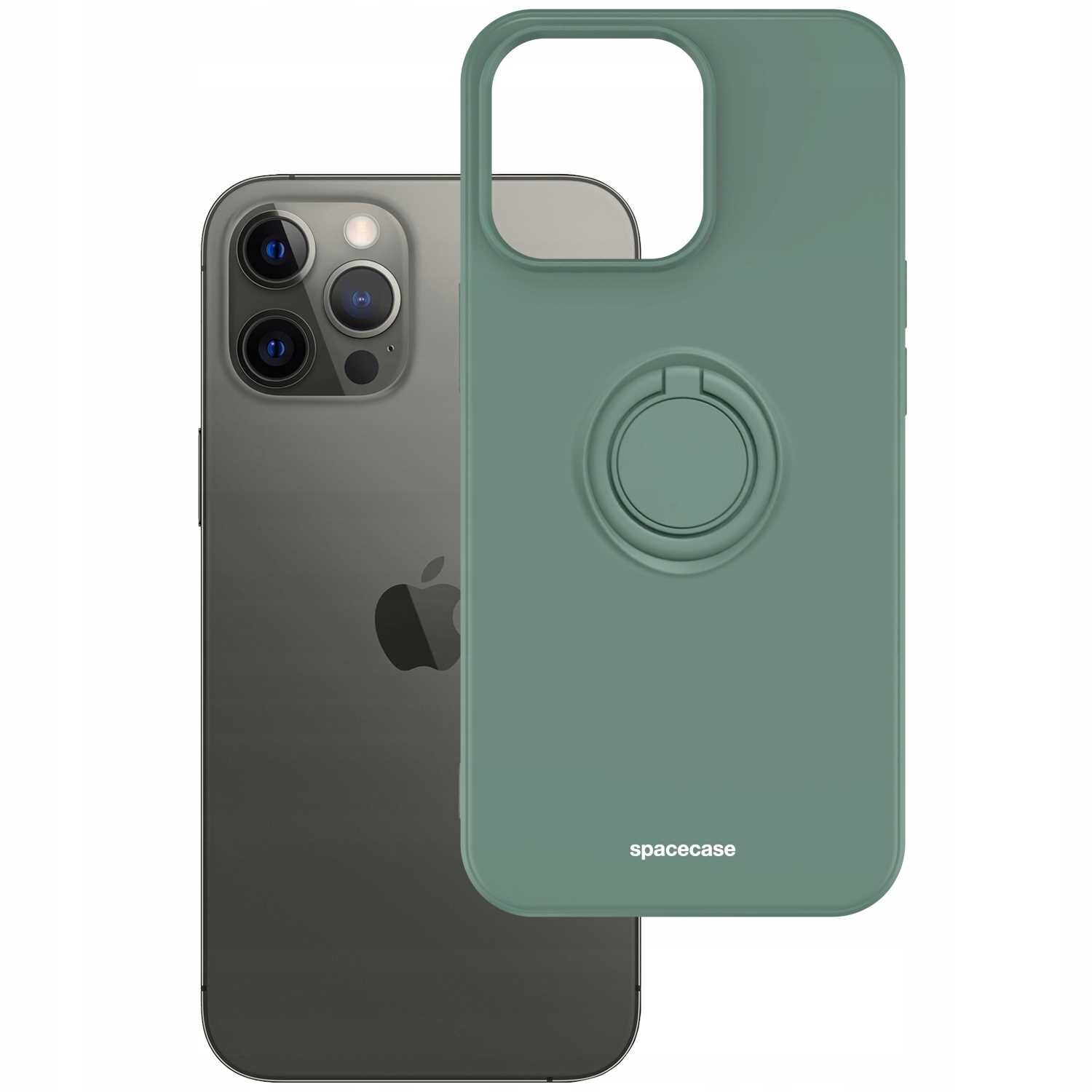 Obraz przedstawia zielone silikonowe etui z pierścieniem na telefon, obok którego znajduje się telefon z trzema obiektywami aparatu. Na etui widoczny jest napis \'spacecase\'.