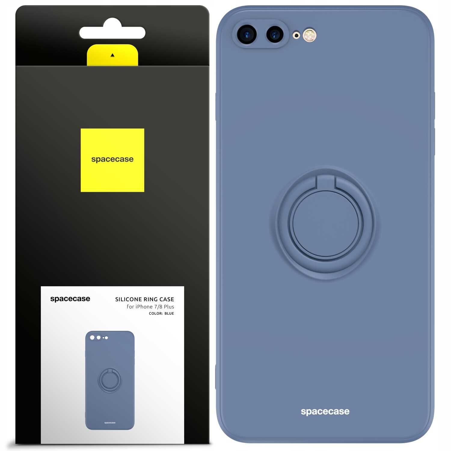 Na obrazie widoczne jest niebieskie silikonowe etui z pierścieniem na iPhone 7/8 Plus oraz opakowanie z logo \'spacecase\'.
