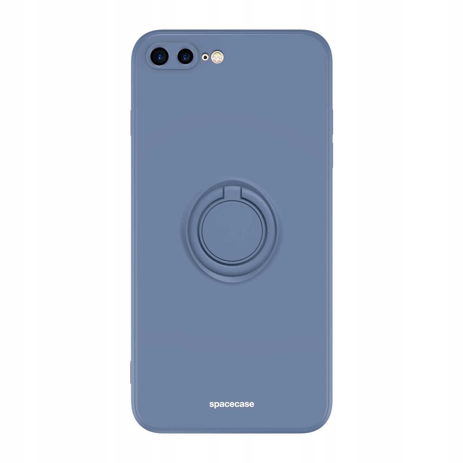 Niebieskie silikonowe etui z pierścieniem na tylnej stronie, przeznaczone do iPhone 7/8 Plus. Na dole widoczny jest napis \'spacecase\'.