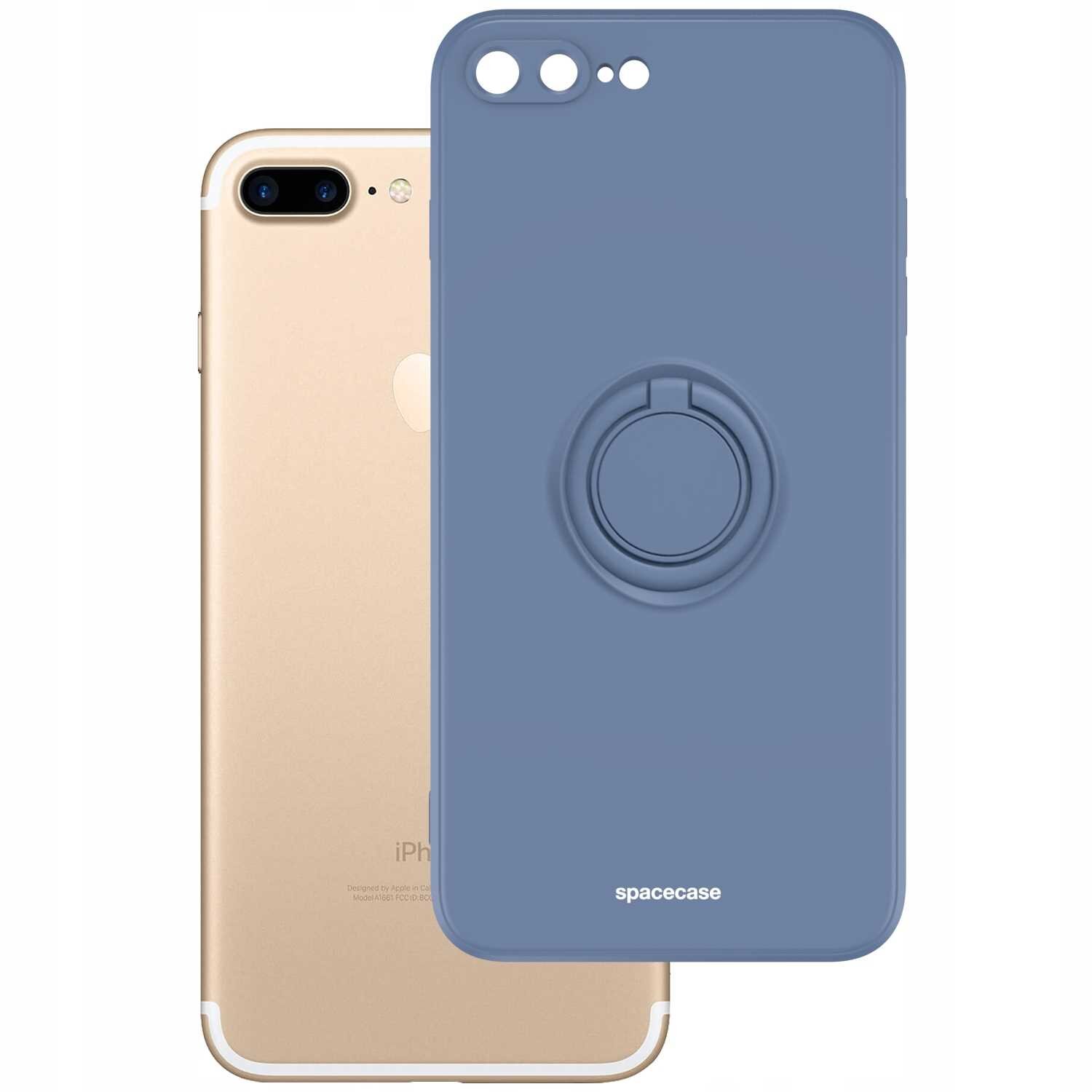 Na obrazie widoczne jest niebieskie silikonowe etui z pierścieniem, oznaczone logo \'spacecase\', nałożone na złoty telefon. Etui posiada wycięcia na aparat i przyciski.