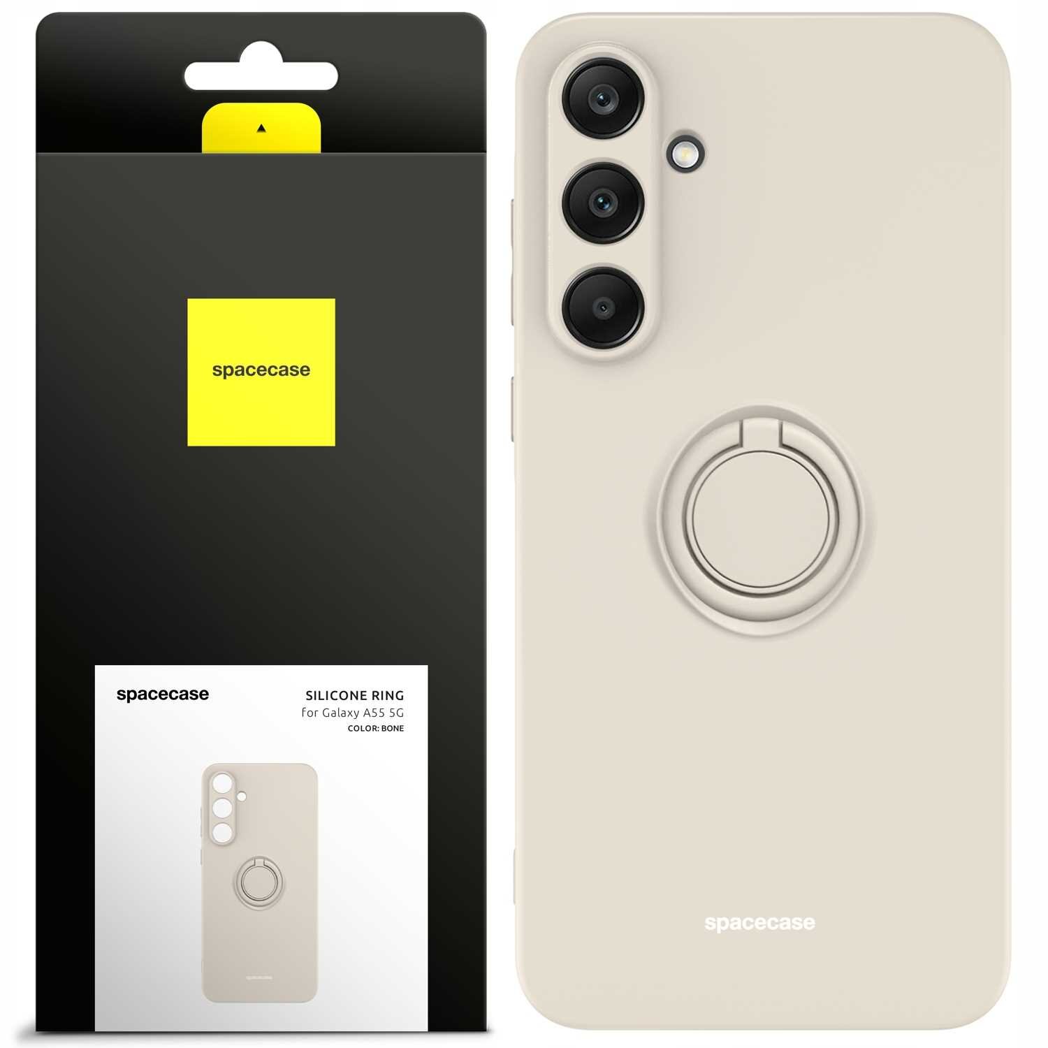 Obraz przedstawia beżowe silikonowe etui z pierścieniem na telefon, obok znajduje się opakowanie z logo \'spacecase\'. Na opakowaniu widnieje napis: \'SILICONE RING CASE for Galaxy S22 COLOR: BONE\'.
