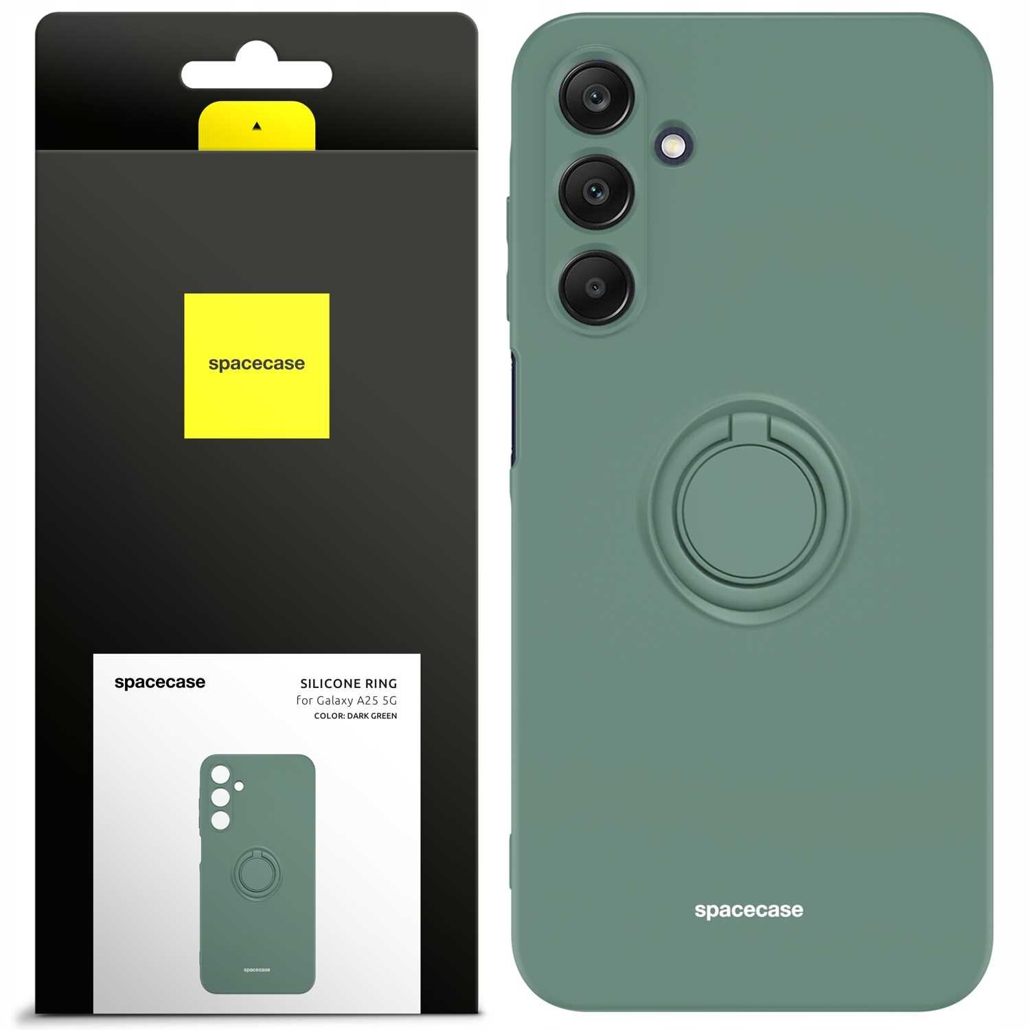 Zielone silikonowe etui z pierścieniem na Galaxy A25 5G, obok opakowanie z logo \'spacecase\'.