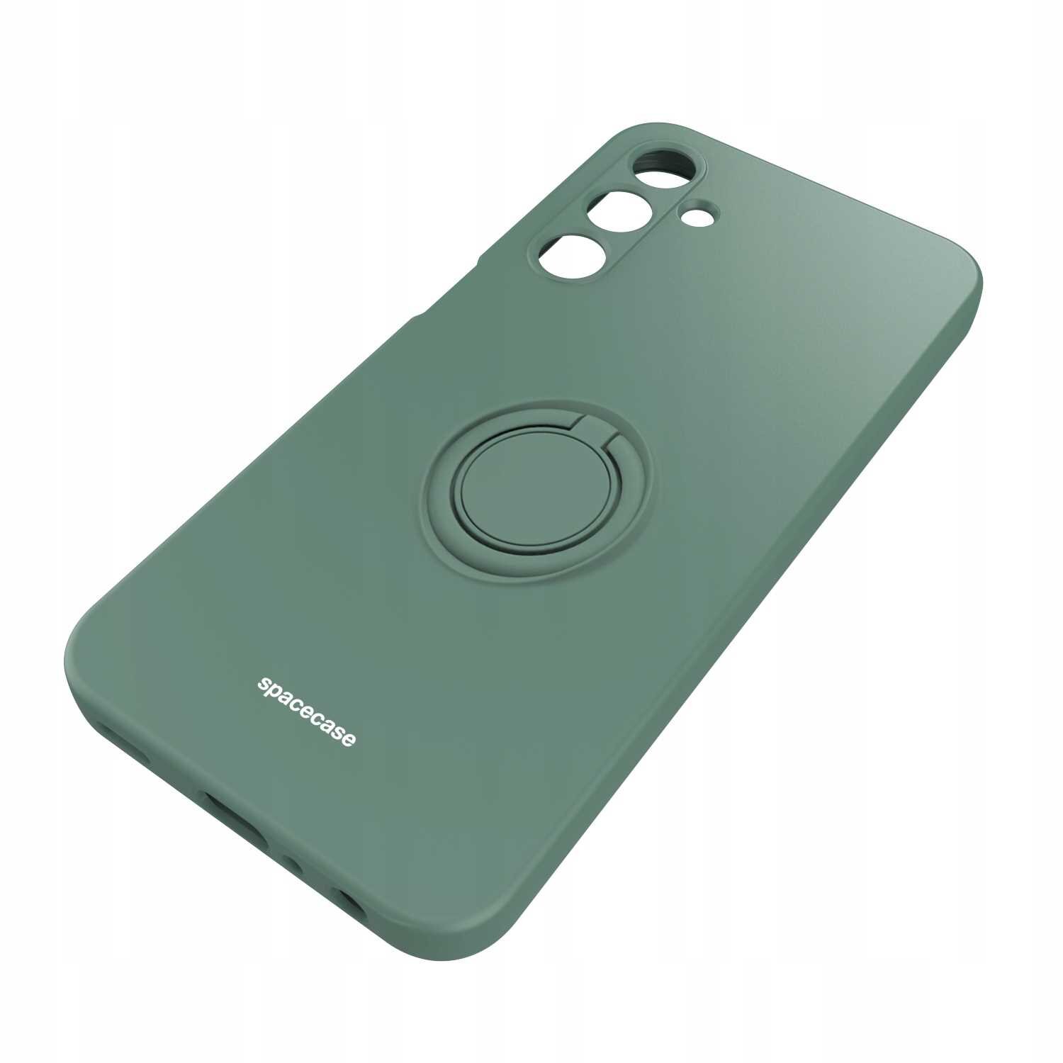 Zielone silikonowe etui z pierścieniem na tylnej stronie, przeznaczone do telefonu Galaxy A25 5G. Na etui widoczne jest logo \'spacecase\'.