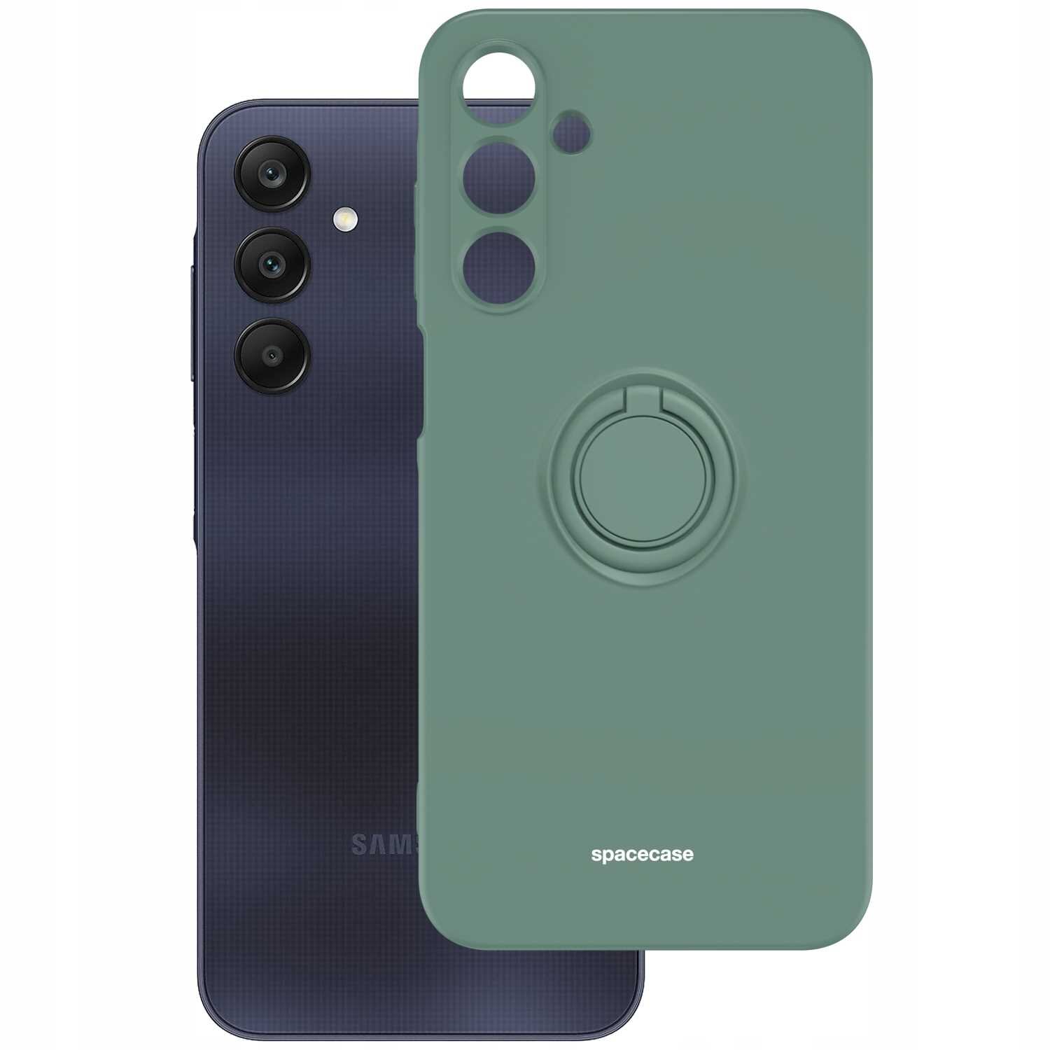 Obraz przedstawia zielone silikonowe etui z pierścieniem na telefon, z widocznym napisem \'spacecase\'. W tle znajduje się telefon z trzema aparatami i logo \'Samsung\'.