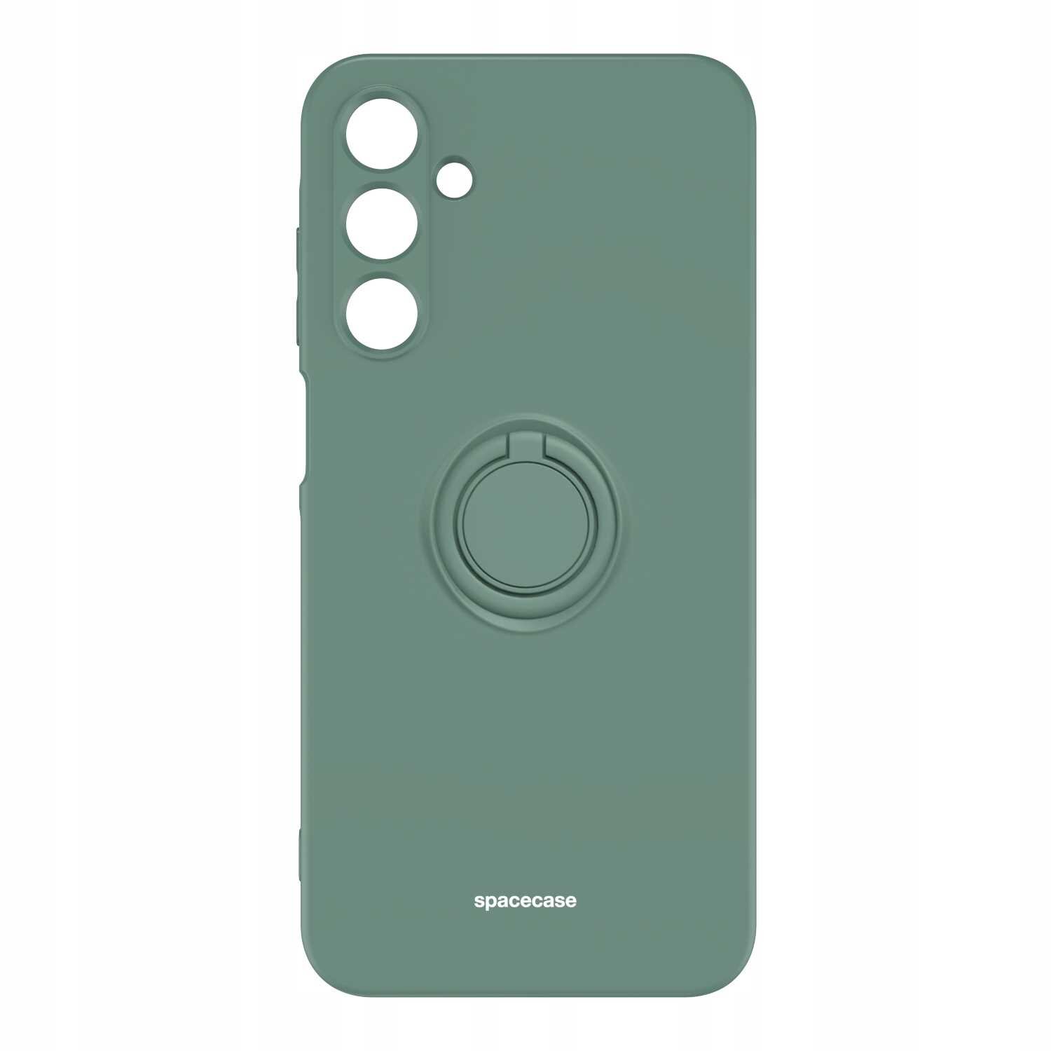 Zielone silikonowe etui z pierścieniem na tylnej stronie, posiada trzy otwory na aparat i jeden mniejszy otwór. Na dole widoczny jest napis \'spacecase\'.