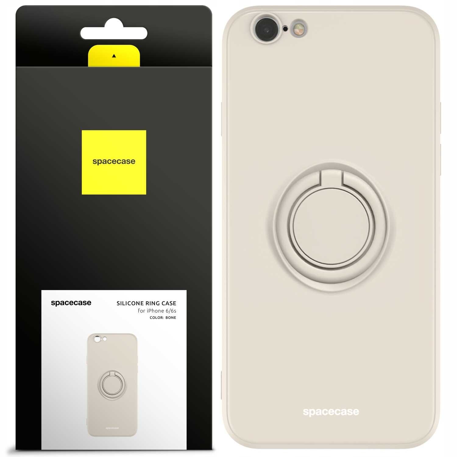 Beżowe silikonowe etui z pierścieniem na iPhone 6/6s, obok opakowanie z logo \'spacecase\'.