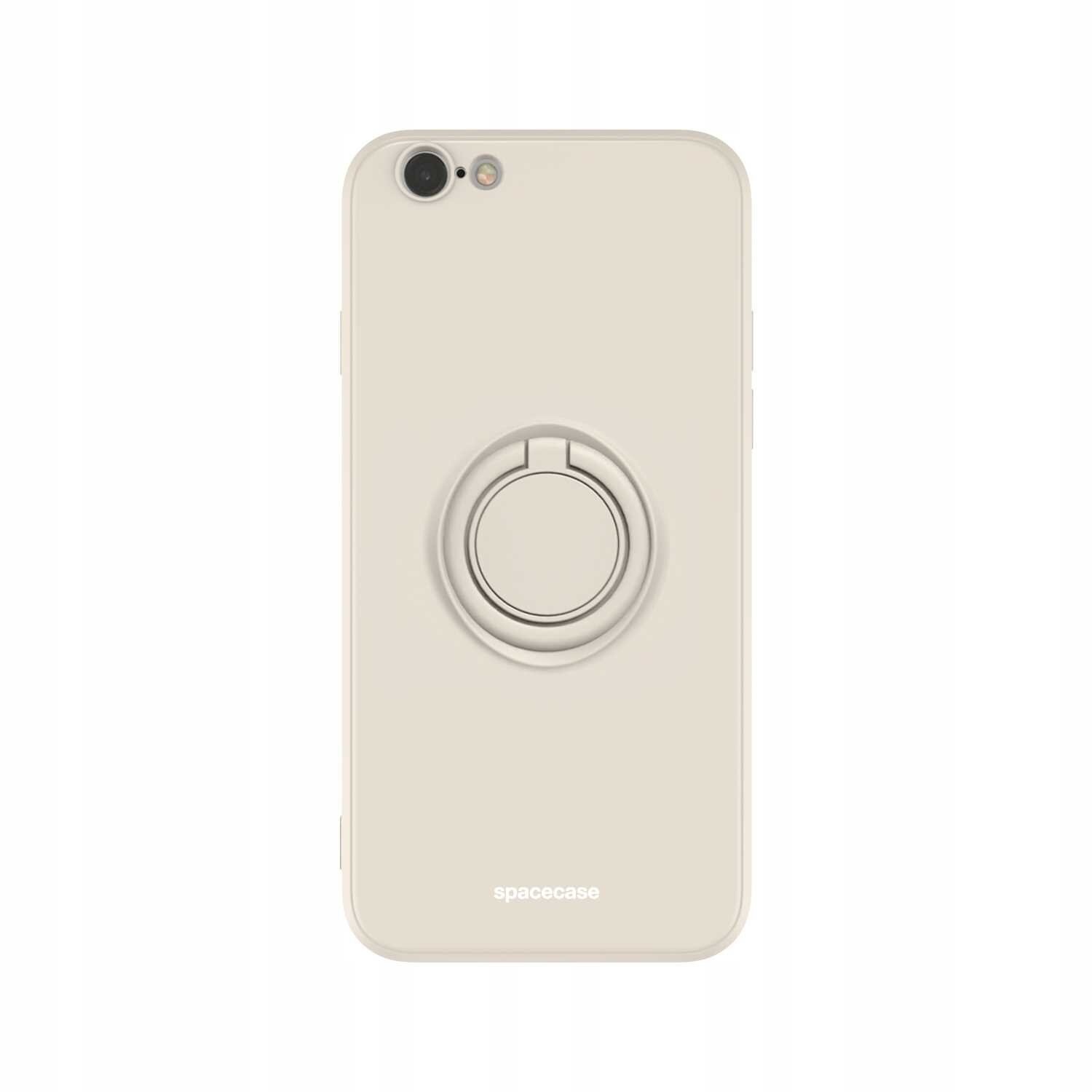 Beżowe silikonowe etui z pierścieniem na tylnej stronie, przeznaczone do iPhone 7/8/SE. Na dole widoczne jest logo \'spacecase\'.