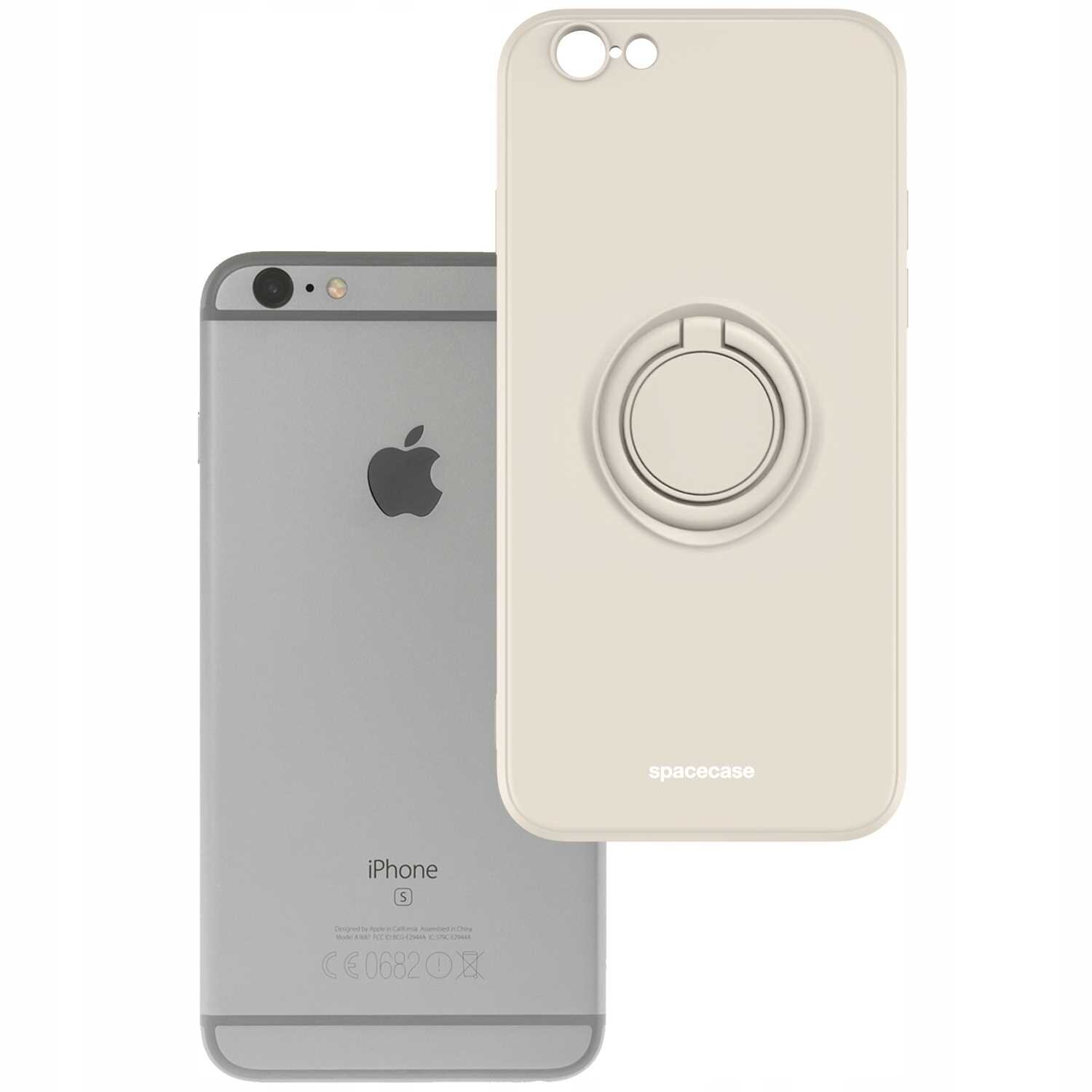 Obraz przedstawia beżowe silikonowe etui z pierścieniem na iPhone 6/6s, z widocznym logo \'spacecase\'. Obok znajduje się tył telefonu z logo jabłka.