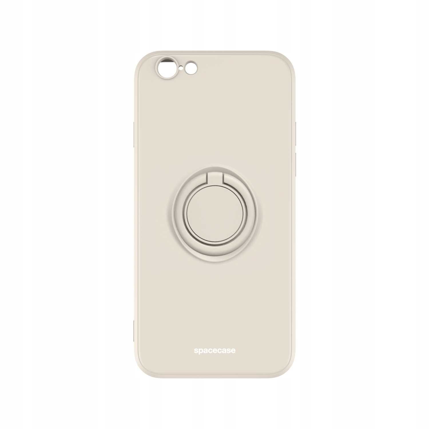 Beżowe silikonowe etui z pierścieniem na tylnej stronie, przeznaczone do iPhone 7/8/SE. Na dole widoczny jest napis \'spacecase\'.