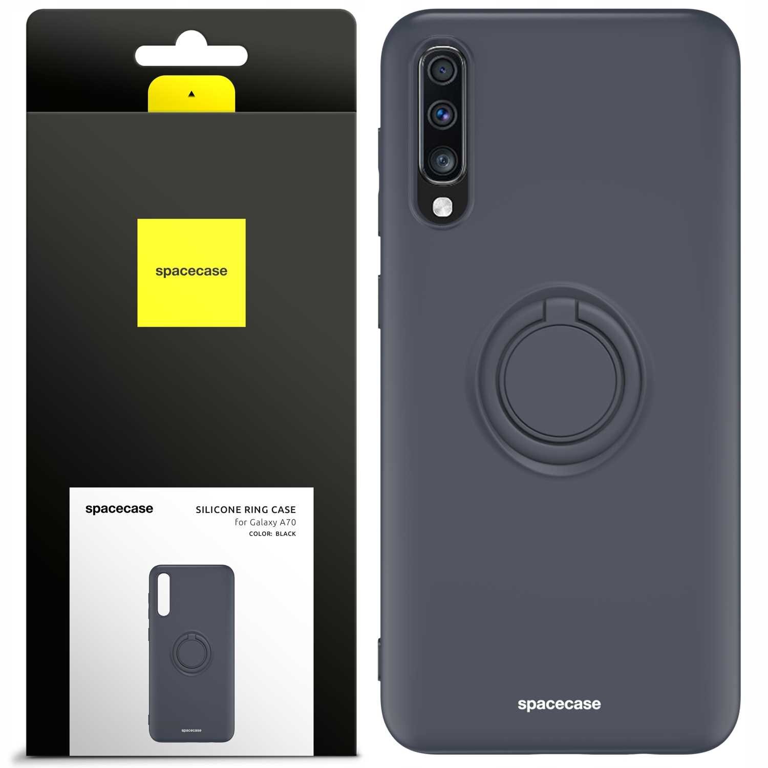 Czarne silikonowe etui z pierścieniem na Galaxy A70, zaprezentowane obok opakowania z logo \'spacecase\'.