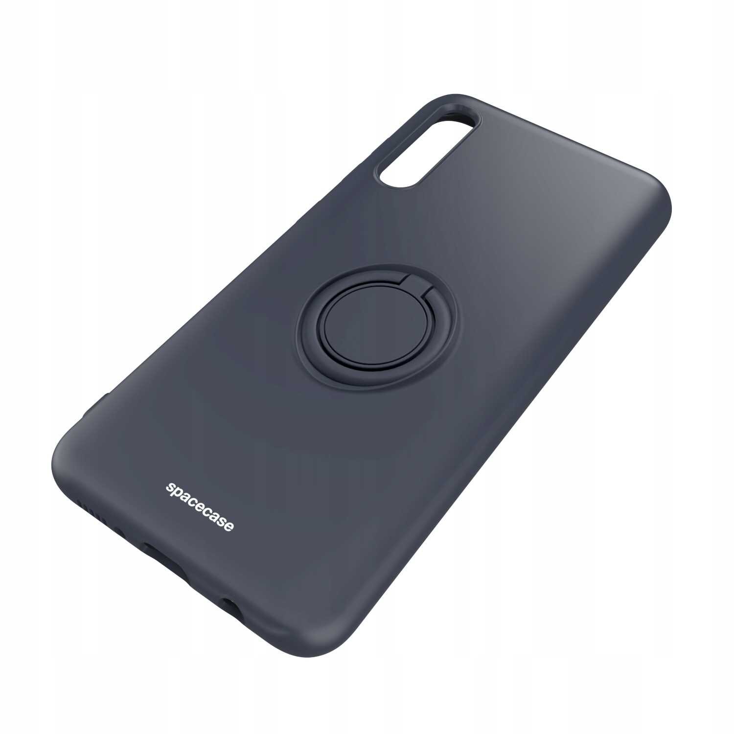 Czarne silikonowe etui z pierścieniem na tylnej stronie, przeznaczone do telefonu Galaxy A70. Widoczne logo: spacecase.