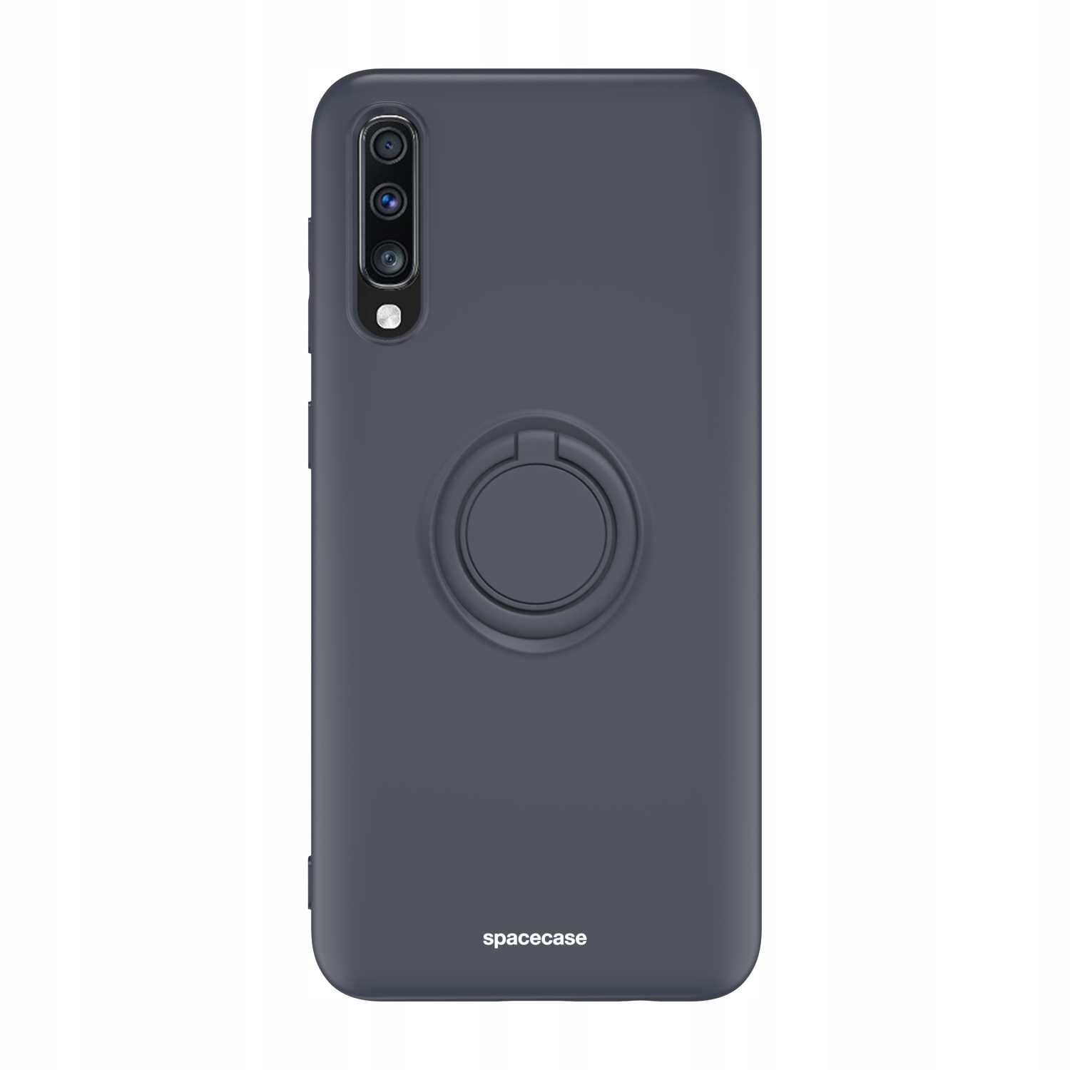 Czarne silikonowe etui z pierścieniem na tylnej stronie, przeznaczone do telefonu. Na dole widoczny jest napis \'spacecase\'.