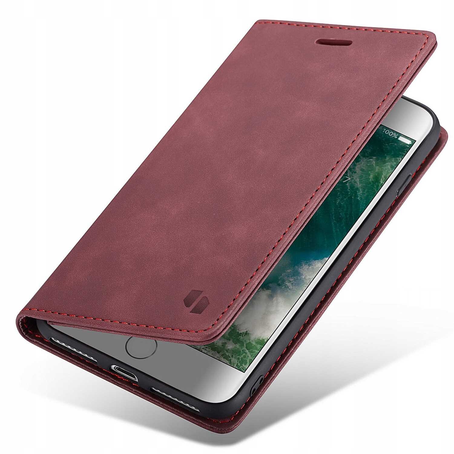 Czerwone etui z klapką na smartfon, z widocznym wycięciem na głośnik i logo producenta. Wewnątrz znajduje się telefon z wyświetlaczem pokazującym fragment ekranu głównego.