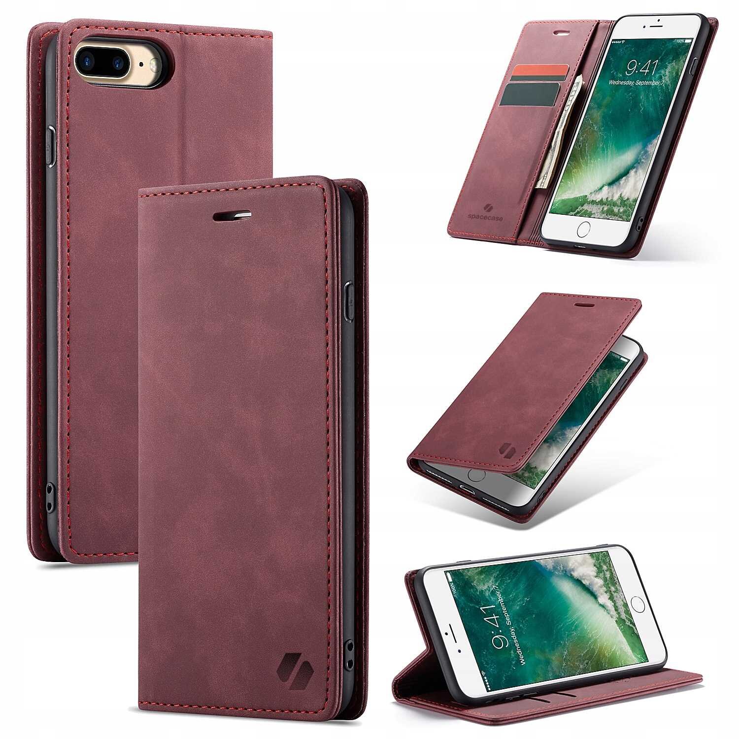 Czerwone etui z klapką do iPhone 7/8 Plus, z miejscem na karty i logo producenta. Etui prezentowane jest w różnych pozycjach, w tym jako stojak na telefon.