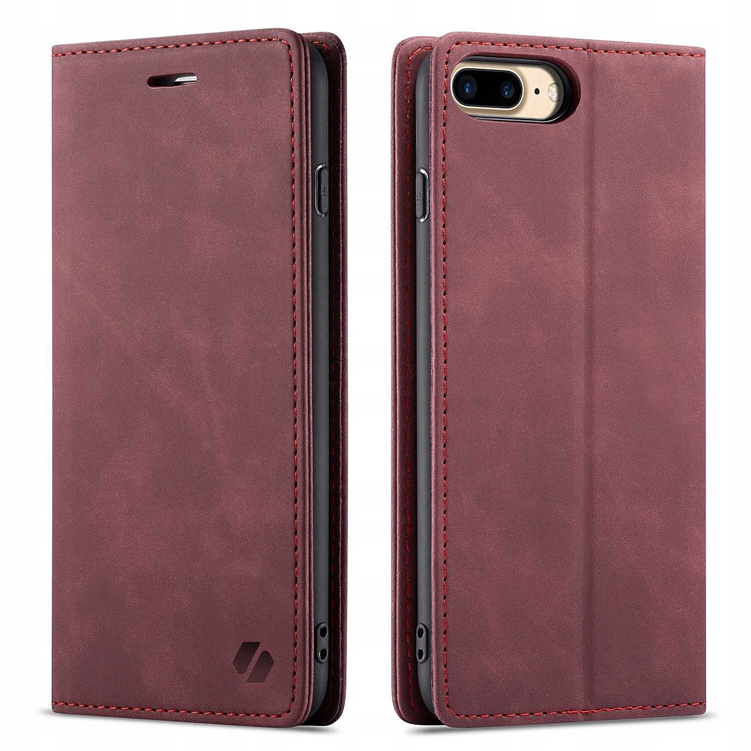 Czerwone etui z klapką do telefonu, wykonane z materiału imitującego skórę, z widocznym logo producenta w dolnym rogu. Etui jest pokazane z przodu i z tyłu, z wycięciem na aparat fotograficzny.