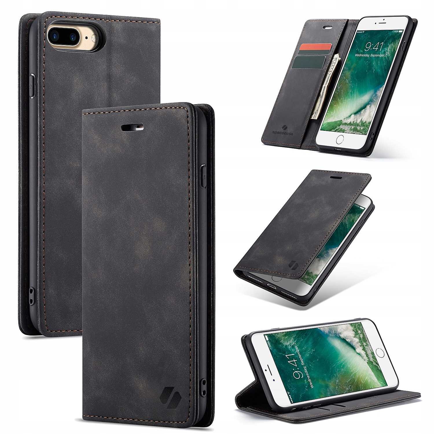 Czarne etui z klapką do iPhone 7/8 Plus, z miejscem na karty i banknoty. Widoczne logo producenta na dolnej części klapki.