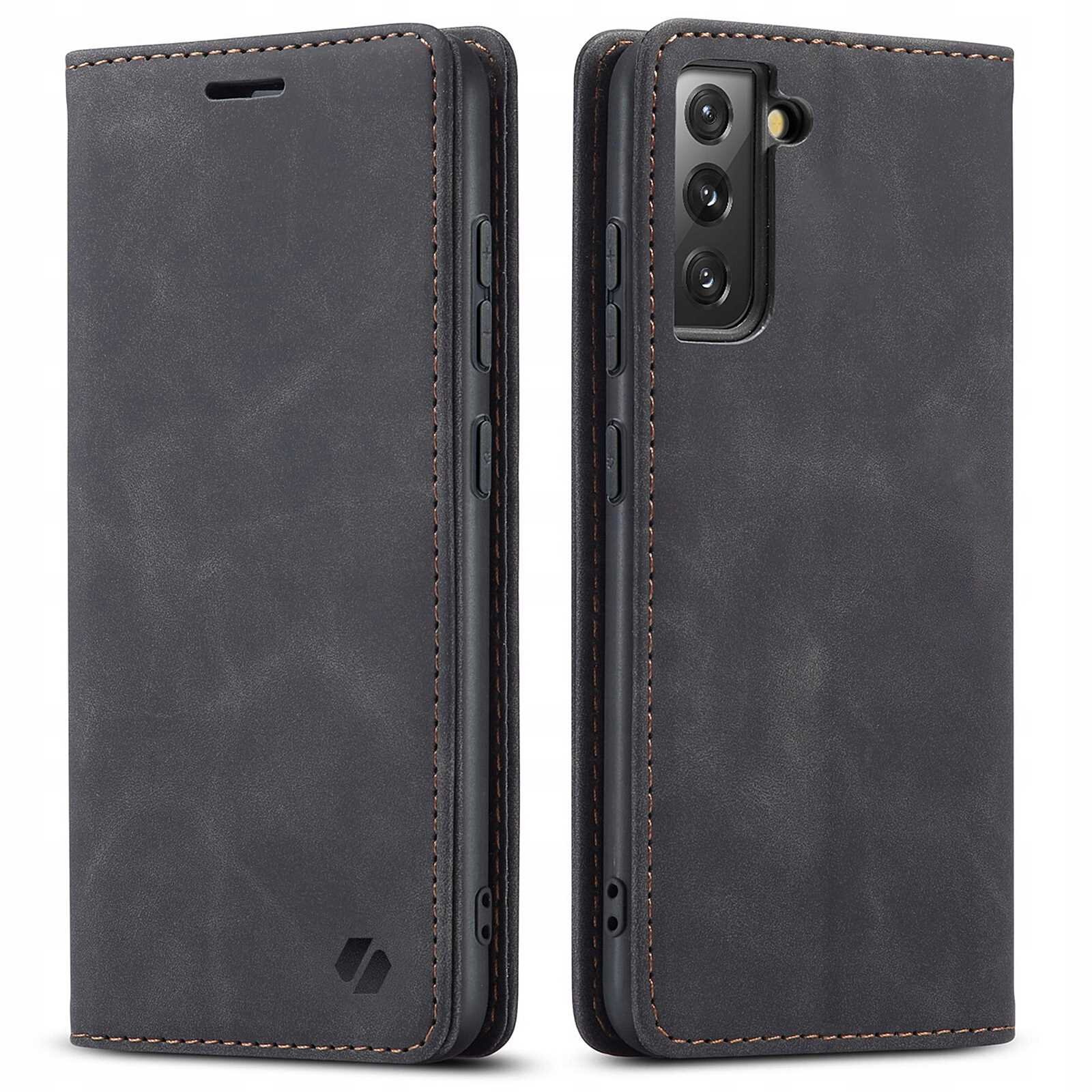 Czarne etui z klapką do telefonu, widoczne z przodu i z tyłu, z trzema otworami na aparaty. Na dolnej części klapki znajduje się logo w formie stylizowanej litery \'S\'.