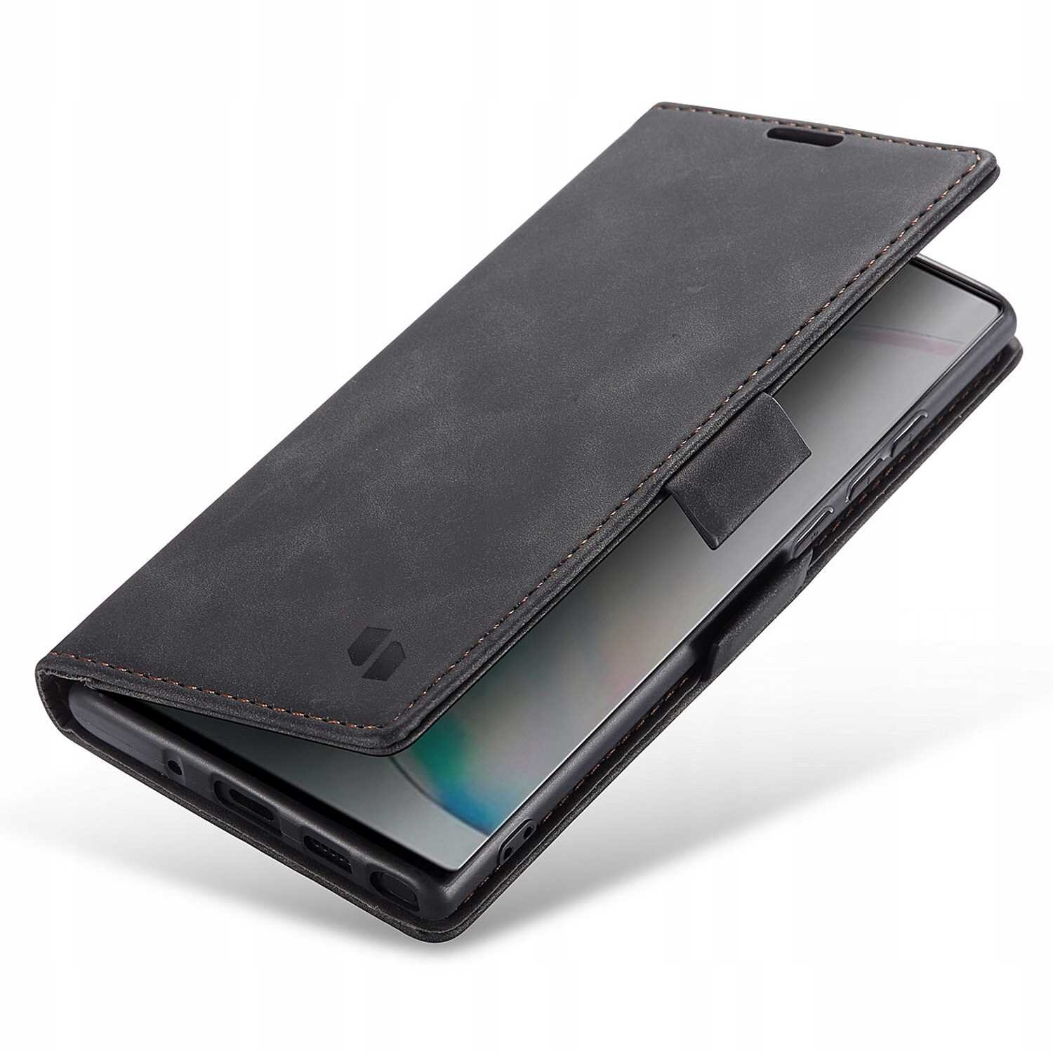 Czarne etui z klapką na smartfon, z widocznym logo producenta. Etui jest częściowo otwarte, ukazując ekran telefonu wewnątrz.