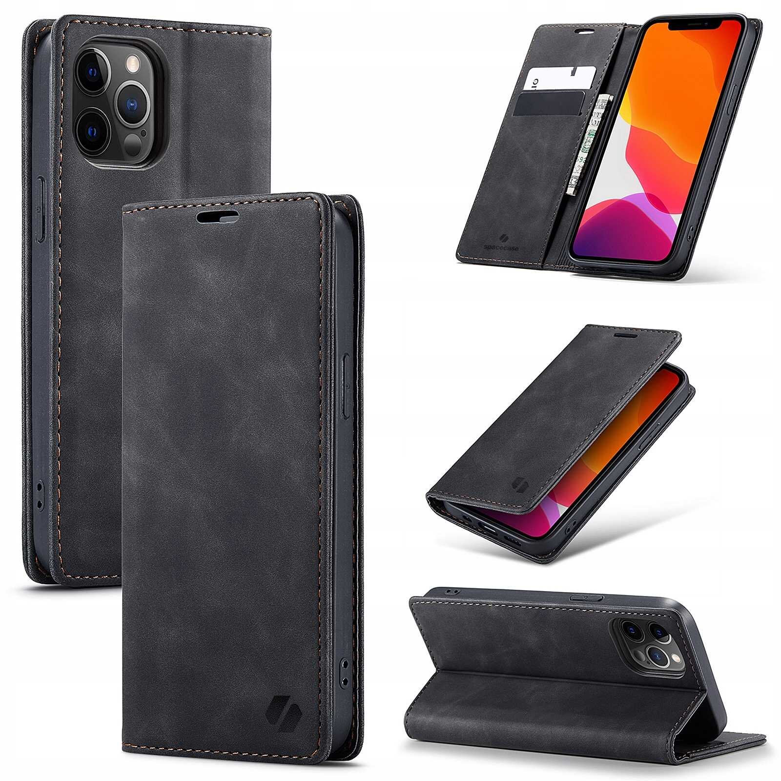 Na obrazie widoczne jest czarne etui z klapką do telefonu, które posiada miejsce na karty i banknoty. Etui jest przedstawione w różnych pozycjach, ukazując jego funkcjonalność jako stojak.