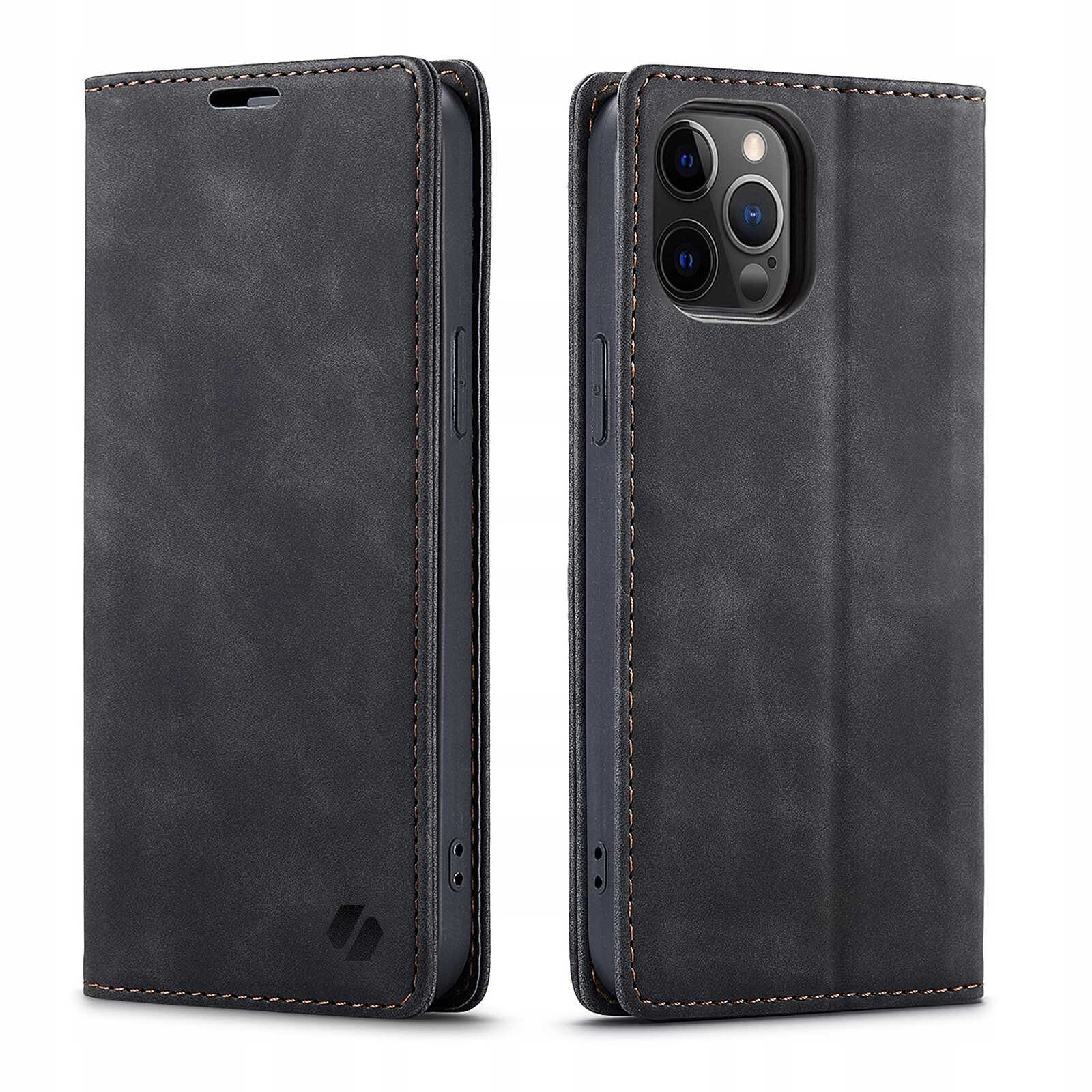 Czarne etui z klapką na telefon, wykonane z materiału przypominającego skórę, z widocznymi przeszyciami. Na etui znajduje się logo w formie symbolu.