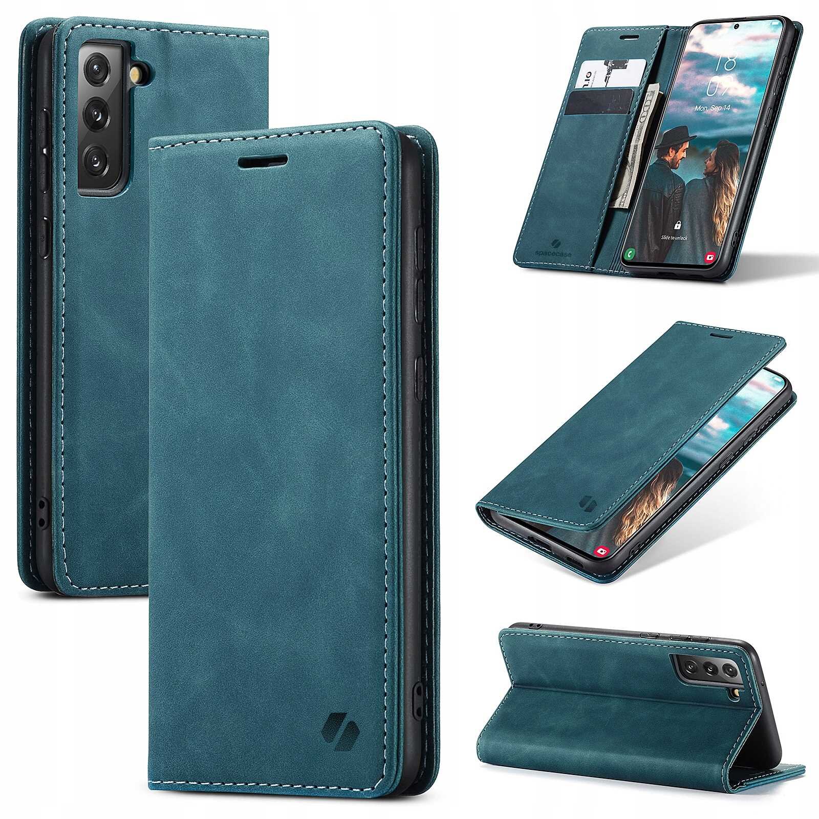 Na obrazie widoczne jest niebieskie etui z klapką do telefonu, z miejscem na karty i funkcją stojaka. Etui prezentowane jest w różnych ujęciach, ukazując jego funkcjonalność i wygląd zewnętrzny.