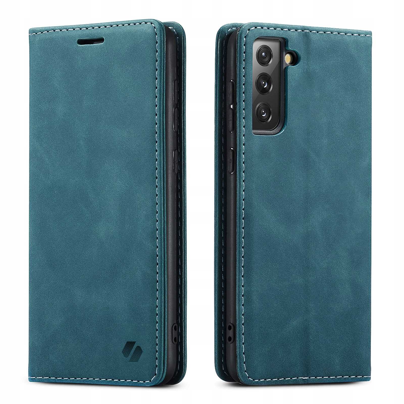 Na obrazie widoczne jest niebieskie etui z klapką do telefonu, z trzema otworami na aparaty i logo producenta w dolnym rogu. Etui ma teksturę przypominającą skórę i widoczne przeszycia na krawędziach.