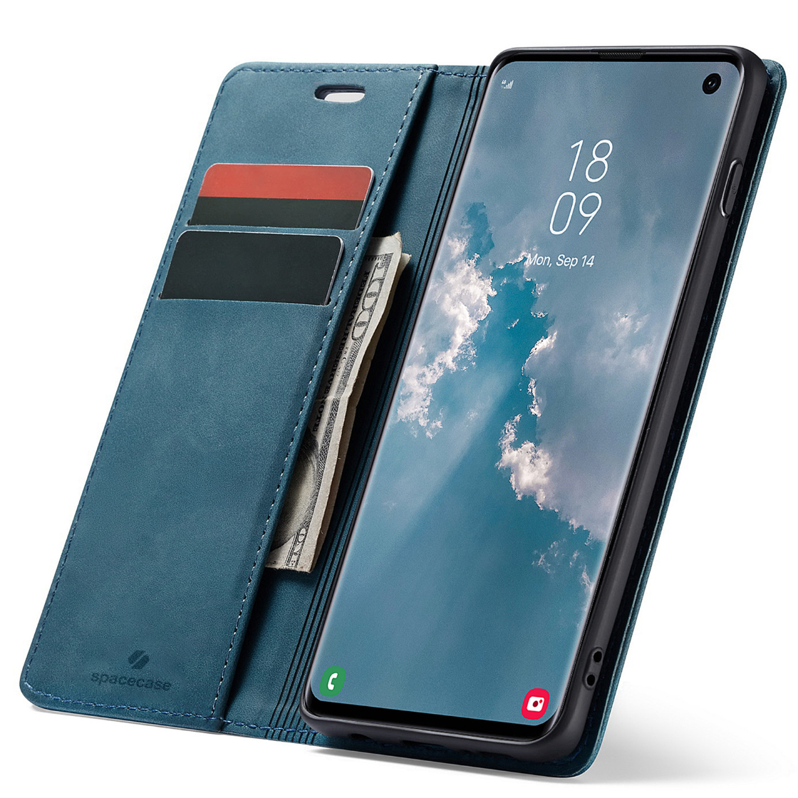 Niebieskie etui z klapką SPACECASE Wallet do Galaxy S10, z miejscem na karty i banknoty. Na ekranie telefonu widoczna jest data: Mon, Sep 14, oraz godzina 18:09.