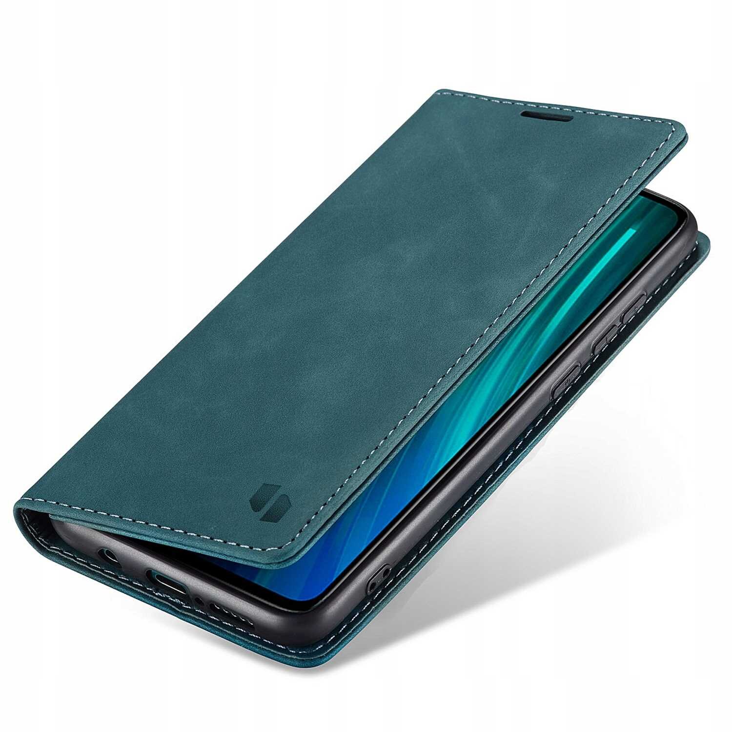 Niebieskie etui z klapką na telefon, z widocznym logo producenta w dolnym rogu. Telefon jest częściowo wsunięty w etui, z widocznymi przyciskami bocznymi.