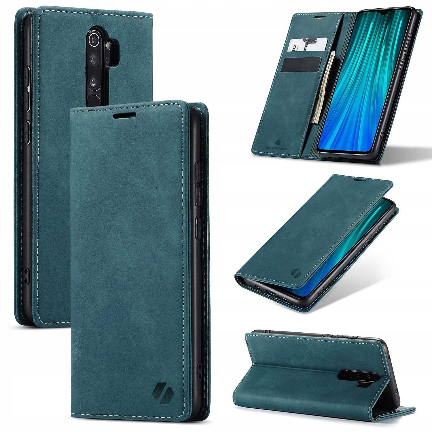 Niebieskie etui z klapką do telefonu, z miejscem na karty i funkcją stojaka. Widoczne logo producenta na dolnej części etui.