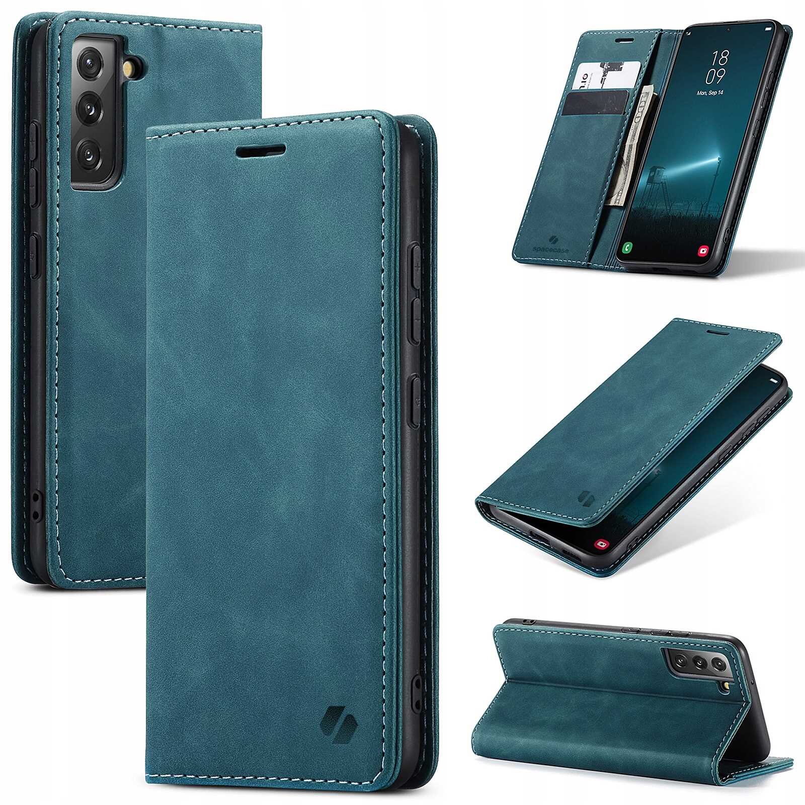Na obrazie widoczne jest niebieskie etui z klapką do telefonu, z miejscem na karty i funkcją stojaka. Etui ma wycięcia na aparat i przyciski oraz widoczne logo producenta.