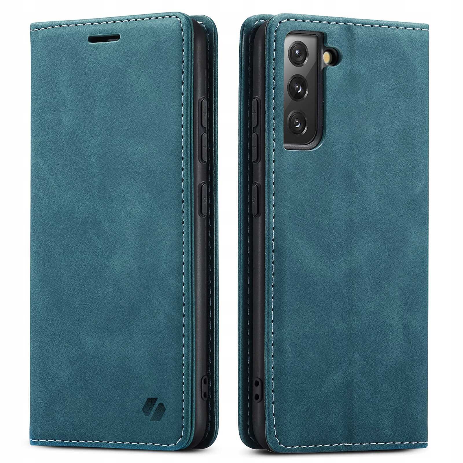Niebieskie etui z klapką do telefonu, z trzema wycięciami na aparaty i logo producenta w dolnym rogu. Etui ma widoczne przeszycia na krawędziach.