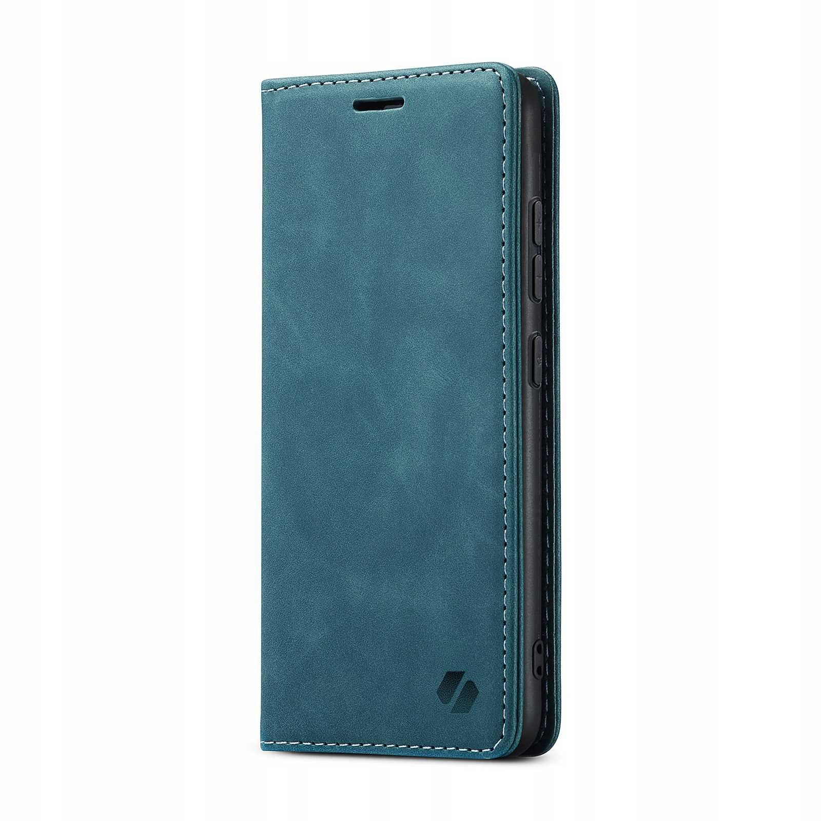 Niebieskie etui z klapką do telefonu, z widocznym logo w dolnym rogu. Etui ma gładką powierzchnię i przeszycia na krawędziach.