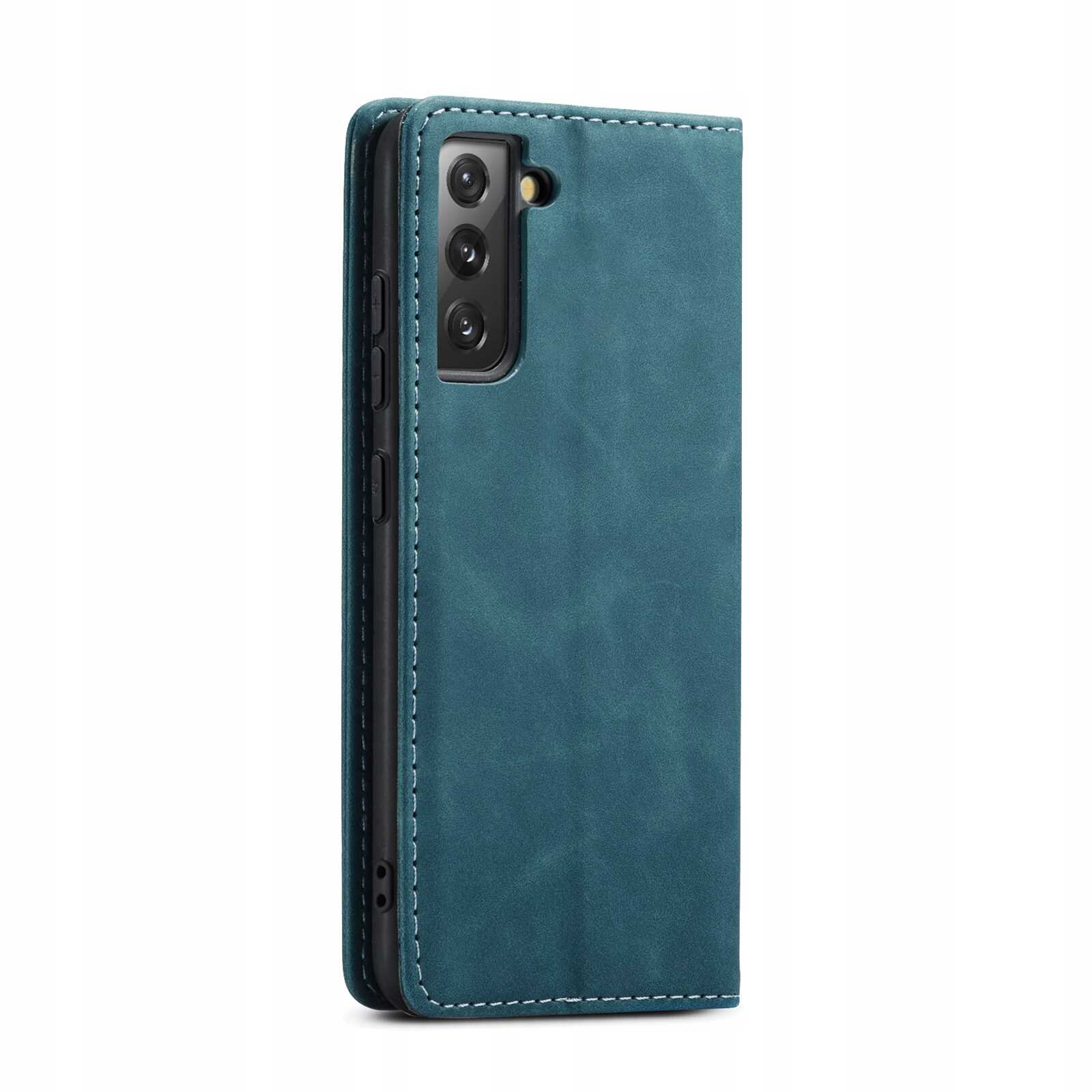 Niebieskie etui z klapką na telefon z trzema widocznymi obiektywami aparatu. Etui ma widoczne przeszycia na krawędziach.