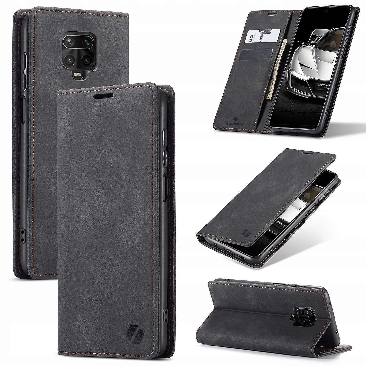 Na obrazie widoczne jest czarne etui z klapką, przeznaczone do telefonu, z miejscem na karty i banknoty. Etui prezentowane jest w różnych pozycjach, ukazując jego funkcjonalność i detale wykonania.