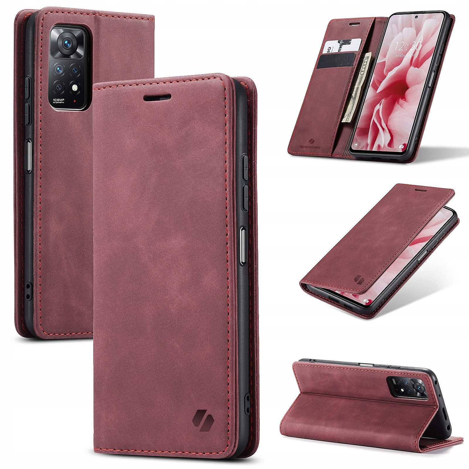 Na obrazie widoczne jest czerwone etui z klapką do telefonu, które posiada miejsce na karty i banknoty. Etui jest przedstawione w różnych ujęciach, w tym z zamkniętą i otwartą klapką.
