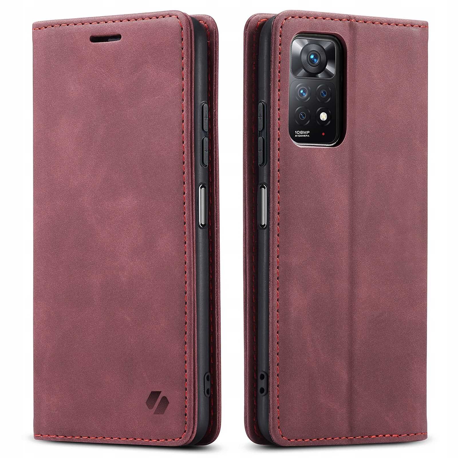 Na obrazie widoczne jest czerwone etui z klapką na telefon, z wycięciem na aparat i przyciski boczne. Na etui znajduje się logo producenta.