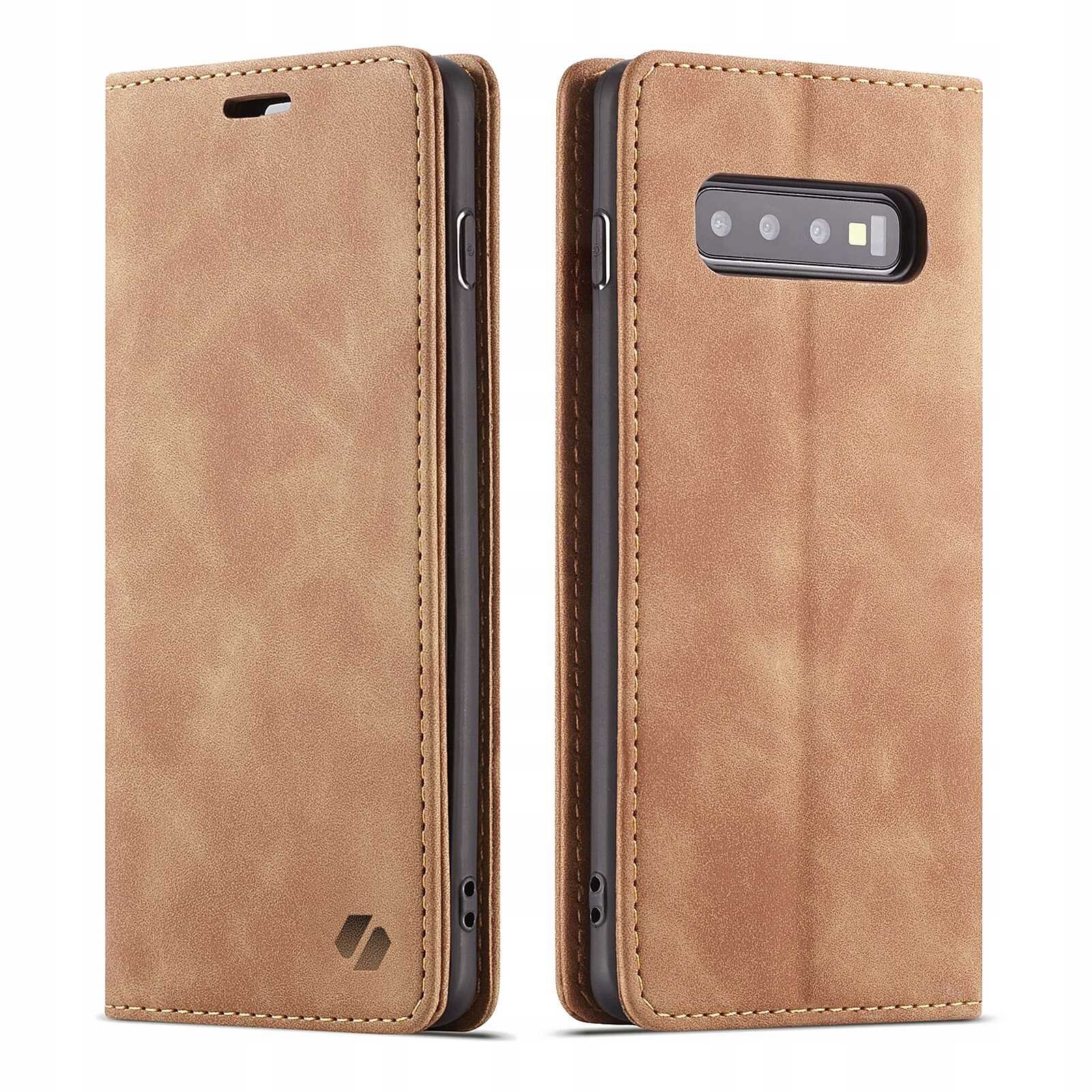 Brązowe etui z klapką do telefonu, widoczne z przodu i z tyłu, z wycięciem na aparat. Na dolnej części etui znajduje się logo w kształcie stylizowanej litery \'S\'.