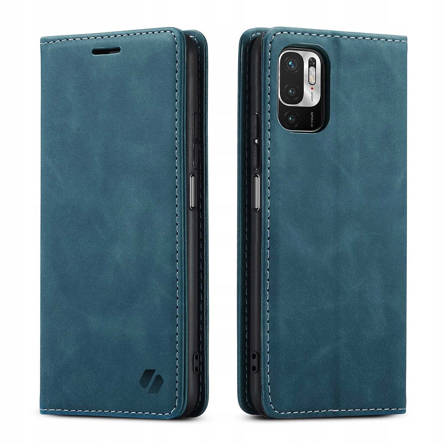 Na obrazie widoczne jest niebieskie etui z klapką, przeznaczone do telefonu. Etui ma wycięcia na aparat i przyciski boczne.