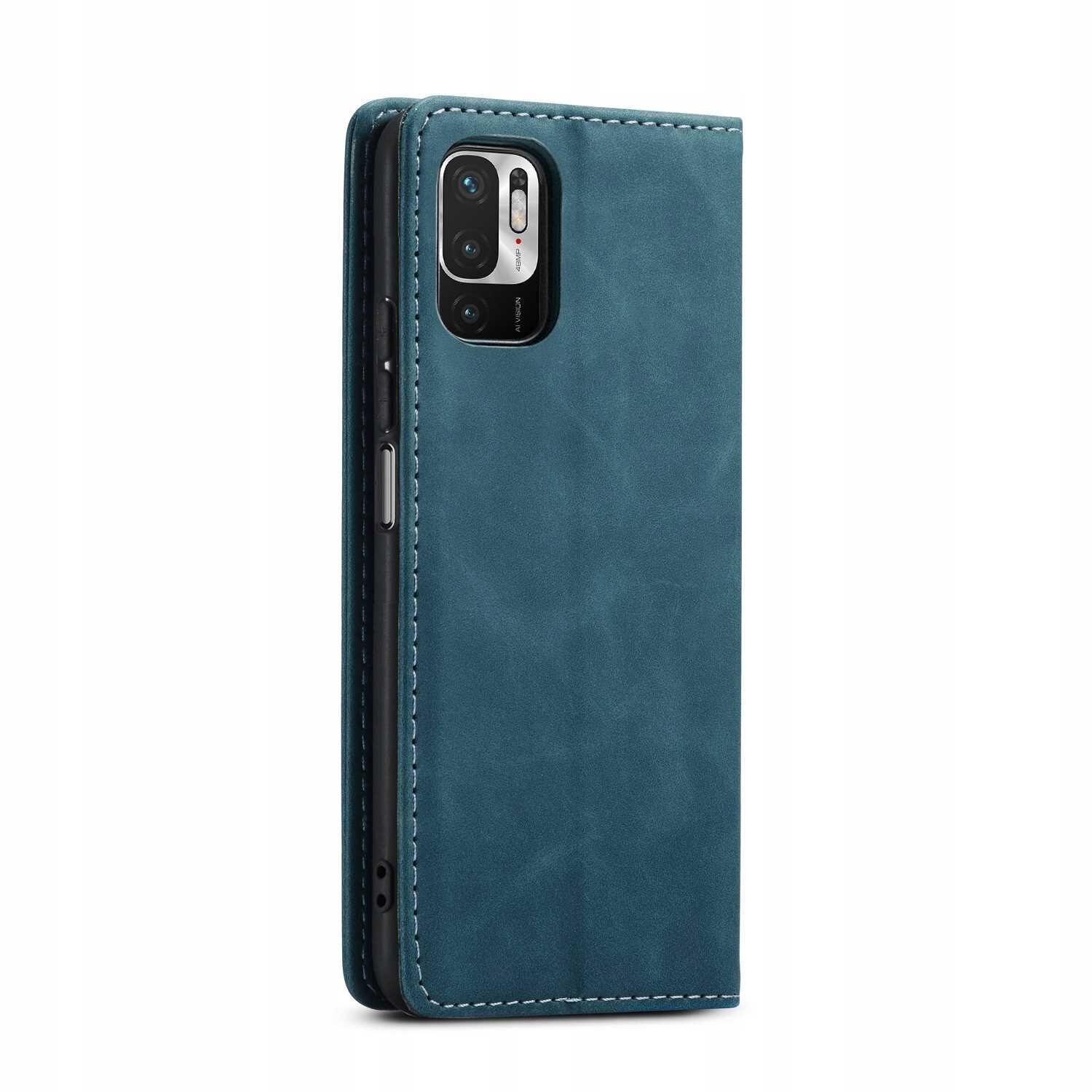 Niebieskie etui z klapką na telefon, z widocznym wycięciem na aparat. Etui ma delikatne przeszycia na krawędziach.