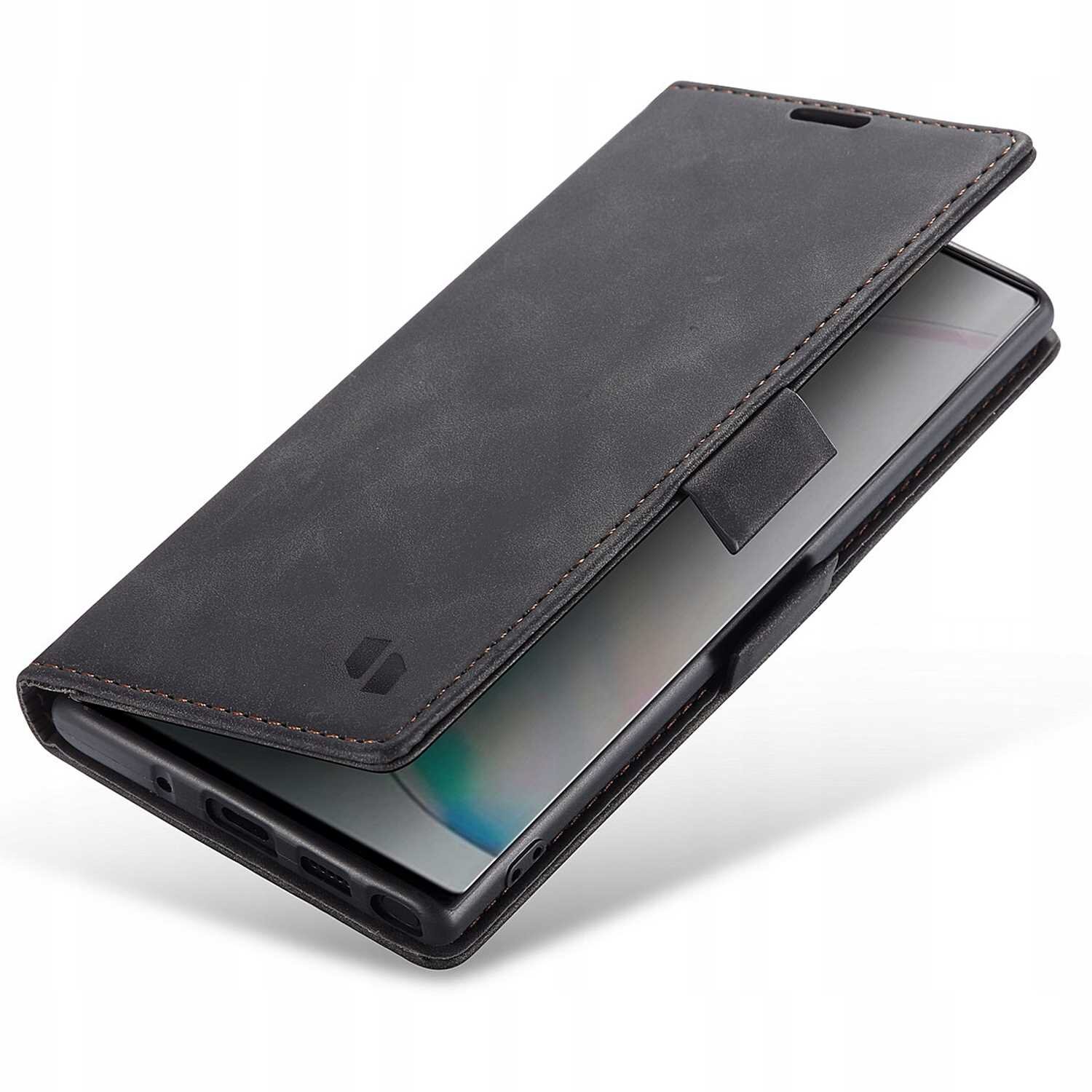 Czarne etui z klapką na telefon, częściowo otwarte, z widocznym fragmentem urządzenia wewnątrz. Na etui znajduje się logo w formie stylizowanej litery S.