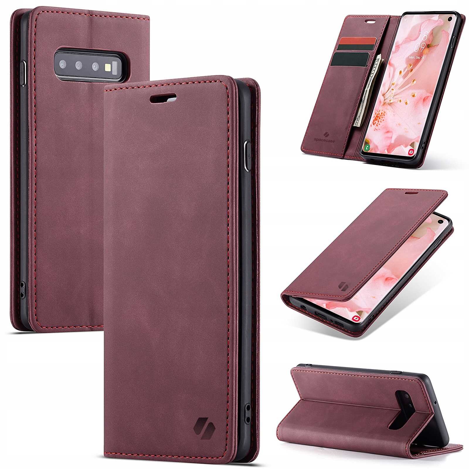 Na obrazie widoczne jest czerwone etui z klapką do telefonu, które posiada miejsce na karty i banknoty. Etui jest ustawione w różnych pozycjach, pokazując jego funkcjonalność jako stojak.