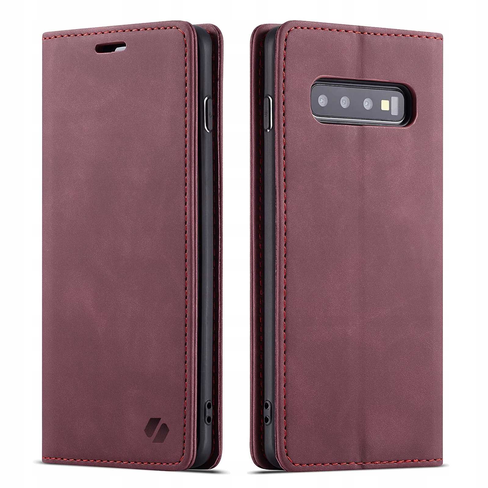 Na obrazie widoczne jest czerwone etui z klapką, przeznaczone do telefonu Galaxy S10+. Etui ma wycięcia na aparat i porty, a na dolnej części widnieje logo producenta.