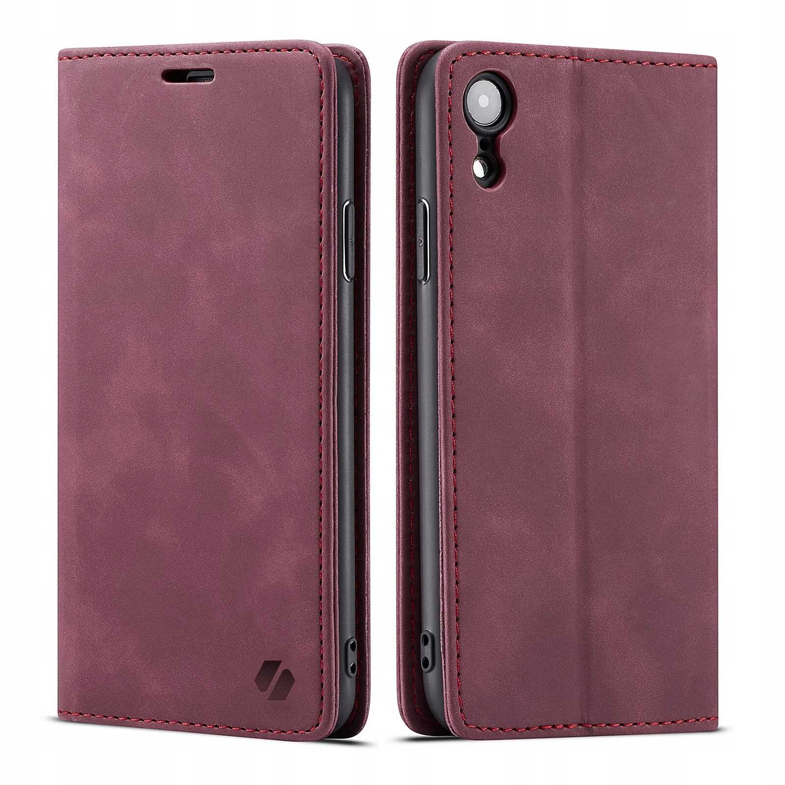 Dwa etui z klapką w kolorze czerwonym, przeznaczone do telefonu, z widocznym logo producenta w dolnym rogu. Etui mają wycięcia na aparat i przyciski boczne.