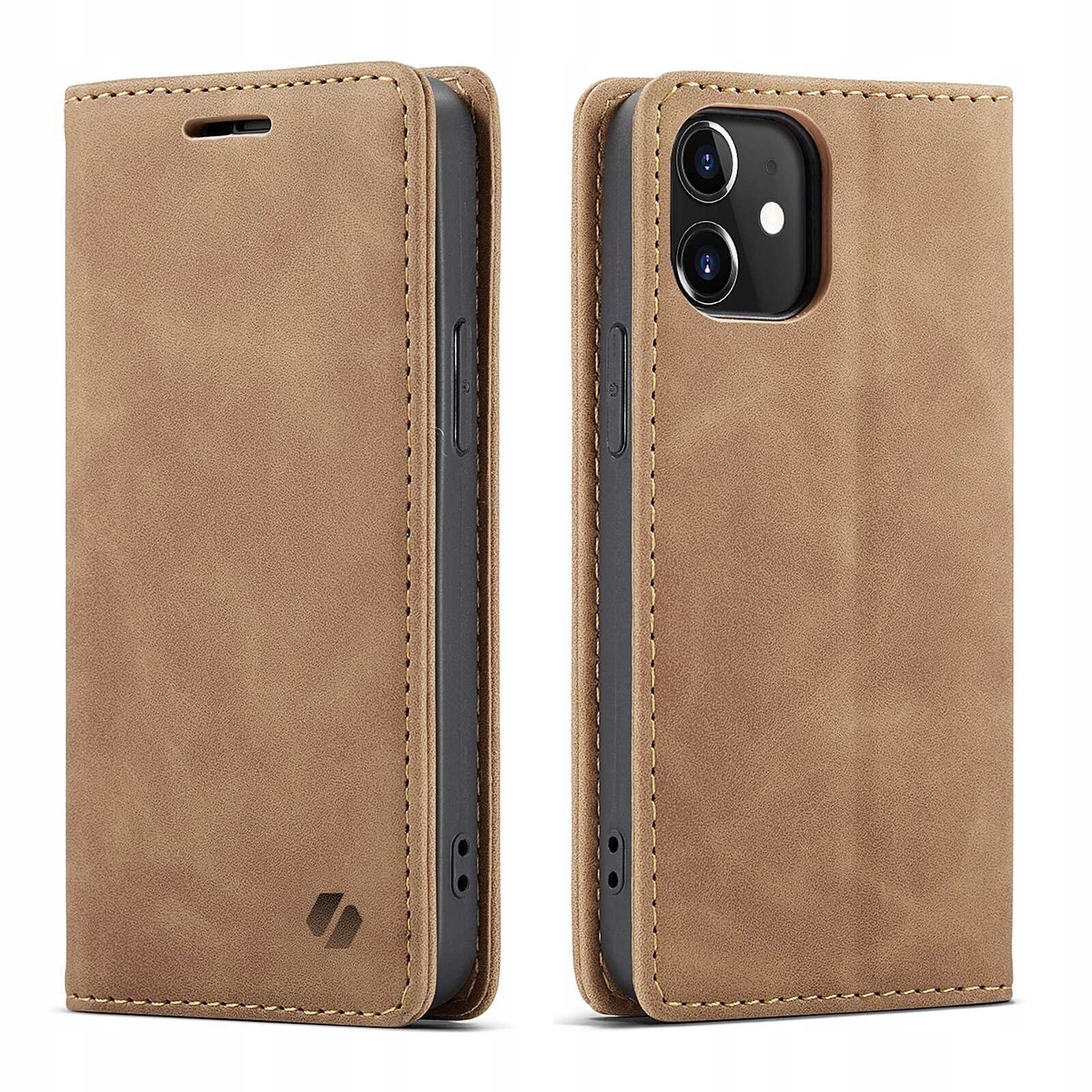 Brązowe etui z klapką na telefon, z widocznymi otworami na aparat i logo producenta w dolnym rogu. Etui ma gładką powierzchnię i przeszycia wzdłuż krawędzi.