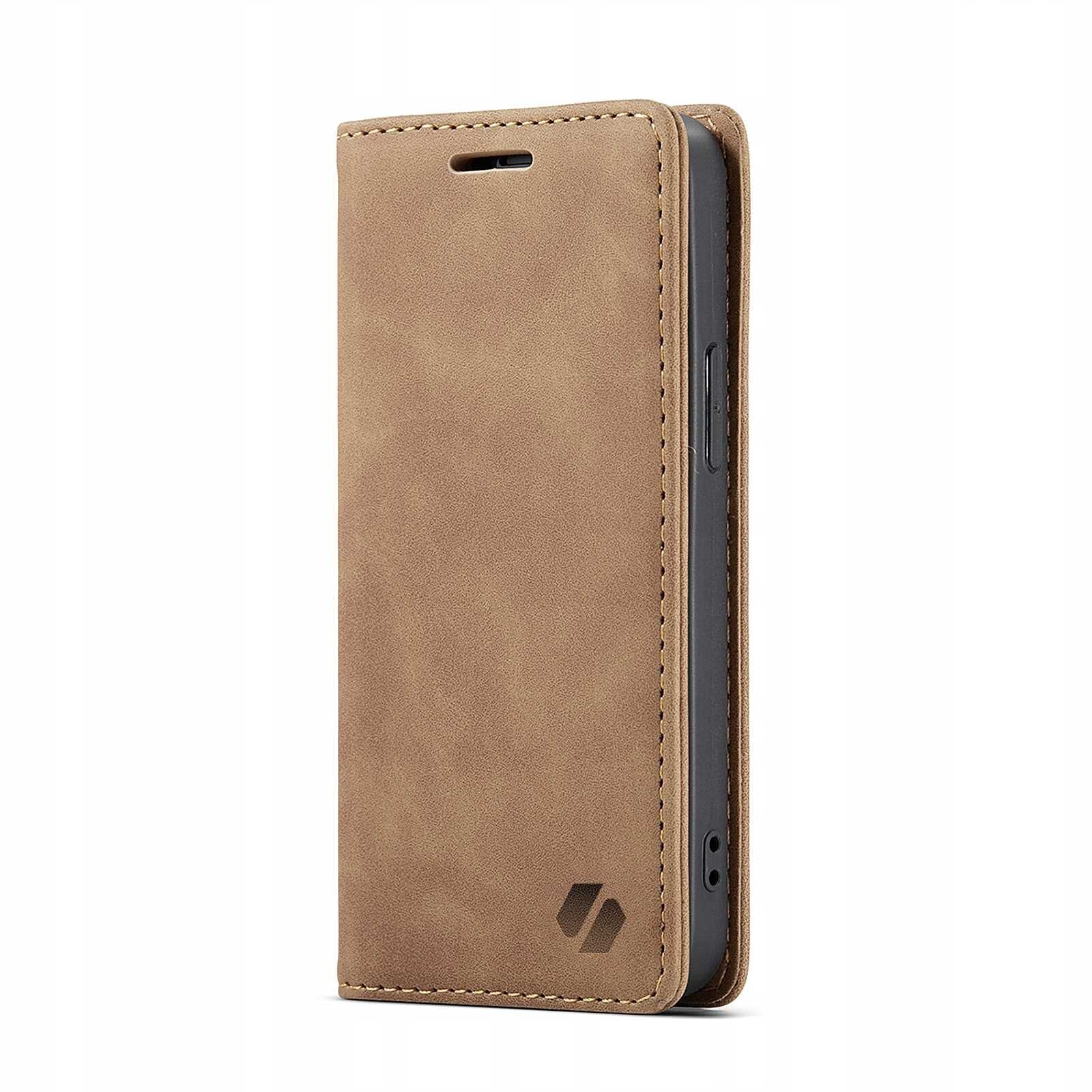 Brązowe etui z klapką na telefon, z widocznym logo producenta w dolnym rogu. Etui ma wycięcie na głośnik u góry.