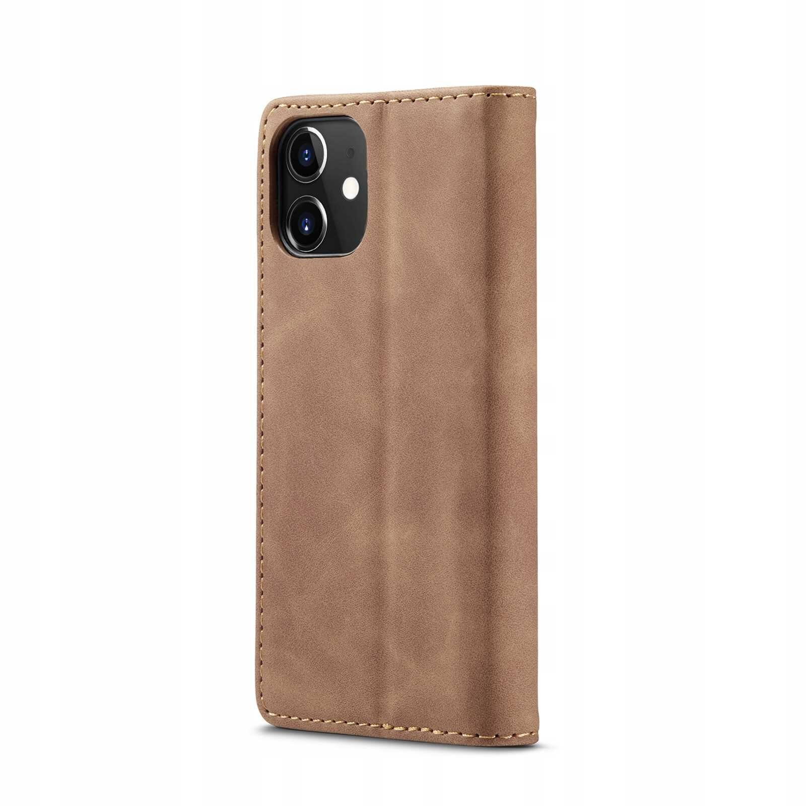 Brązowe etui z klapką na telefon z widocznymi dwoma otworami na aparat i lampę błyskową.