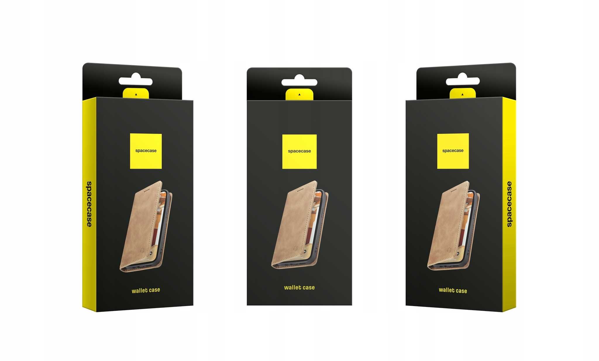 Trzy opakowania produktu z etui z klapką, każde z logo \'spacecase\' i zdjęciem brązowego etui na czarnym tle. Opakowania mają żółte boki z napisem \'spacecase\'.
