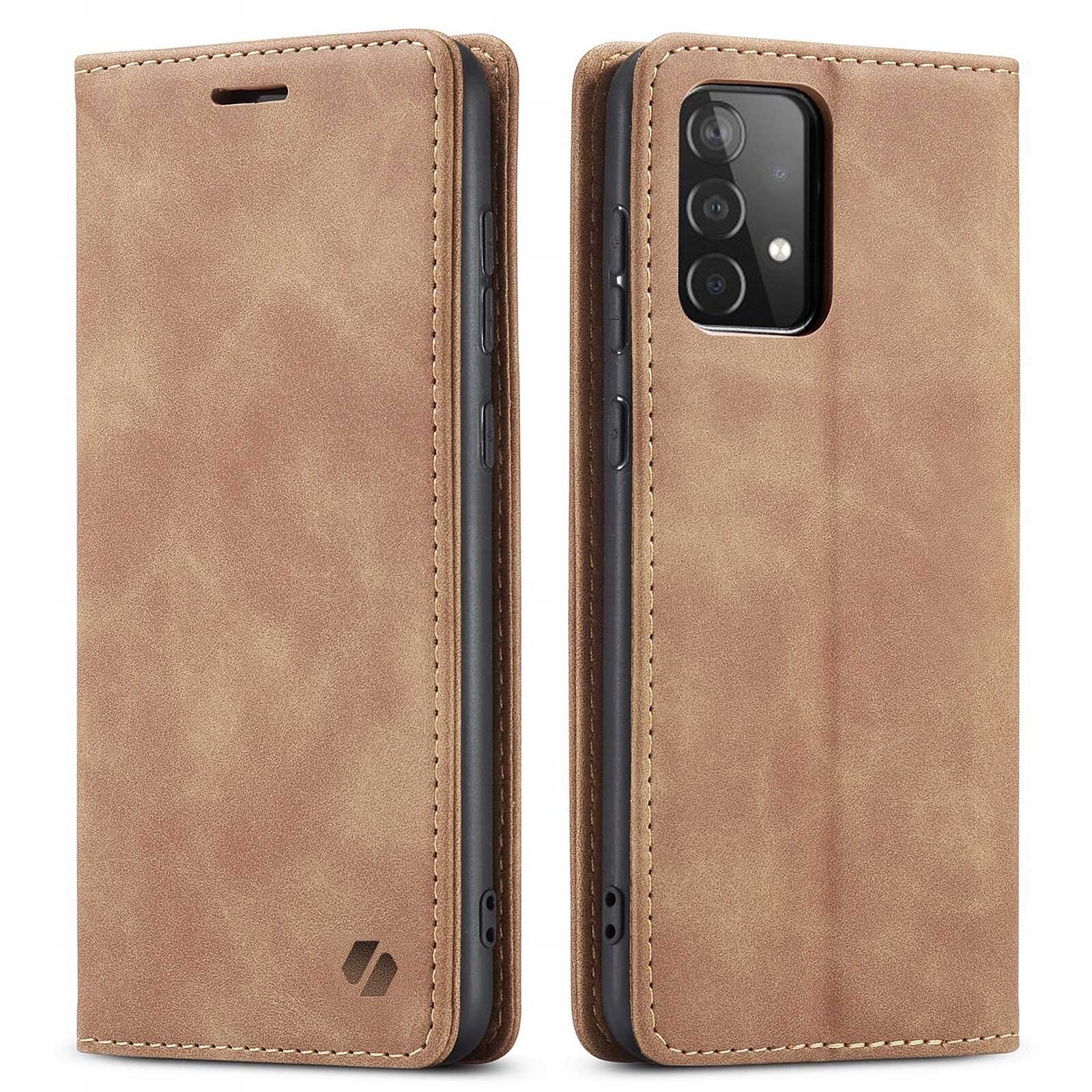 Brązowe etui z klapką na telefon, widoczne z przodu i z tyłu, z wycięciem na aparat. Na dolnej części etui znajduje się logo w formie stylizowanej litery \'S\'.